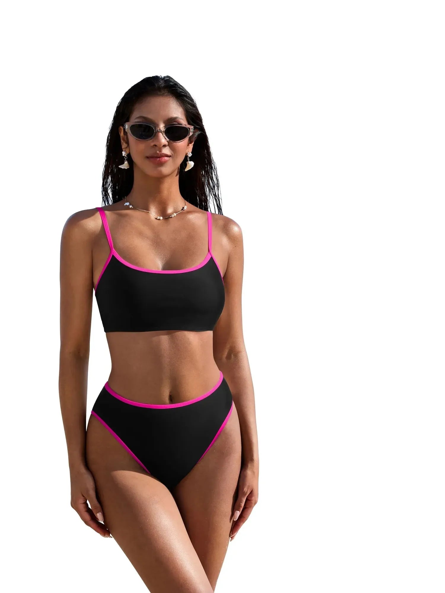 High Cut Bandeau 2 Piece Bikini Set-SUUKSESS-Black Pink-S-SUUKSESS