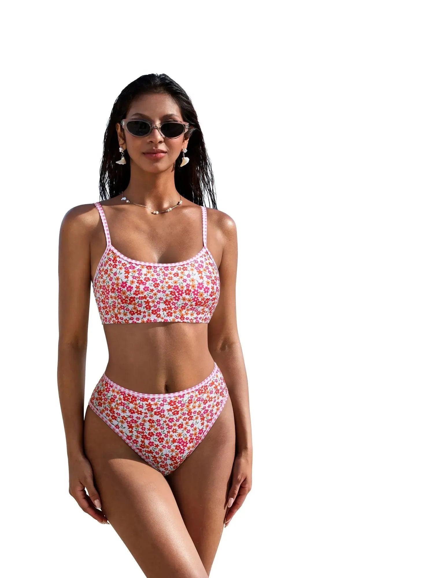 High Cut Bandeau 2 Piece Bikini Set-SUUKSESS-Red Floral Color Block-S-SUUKSESS