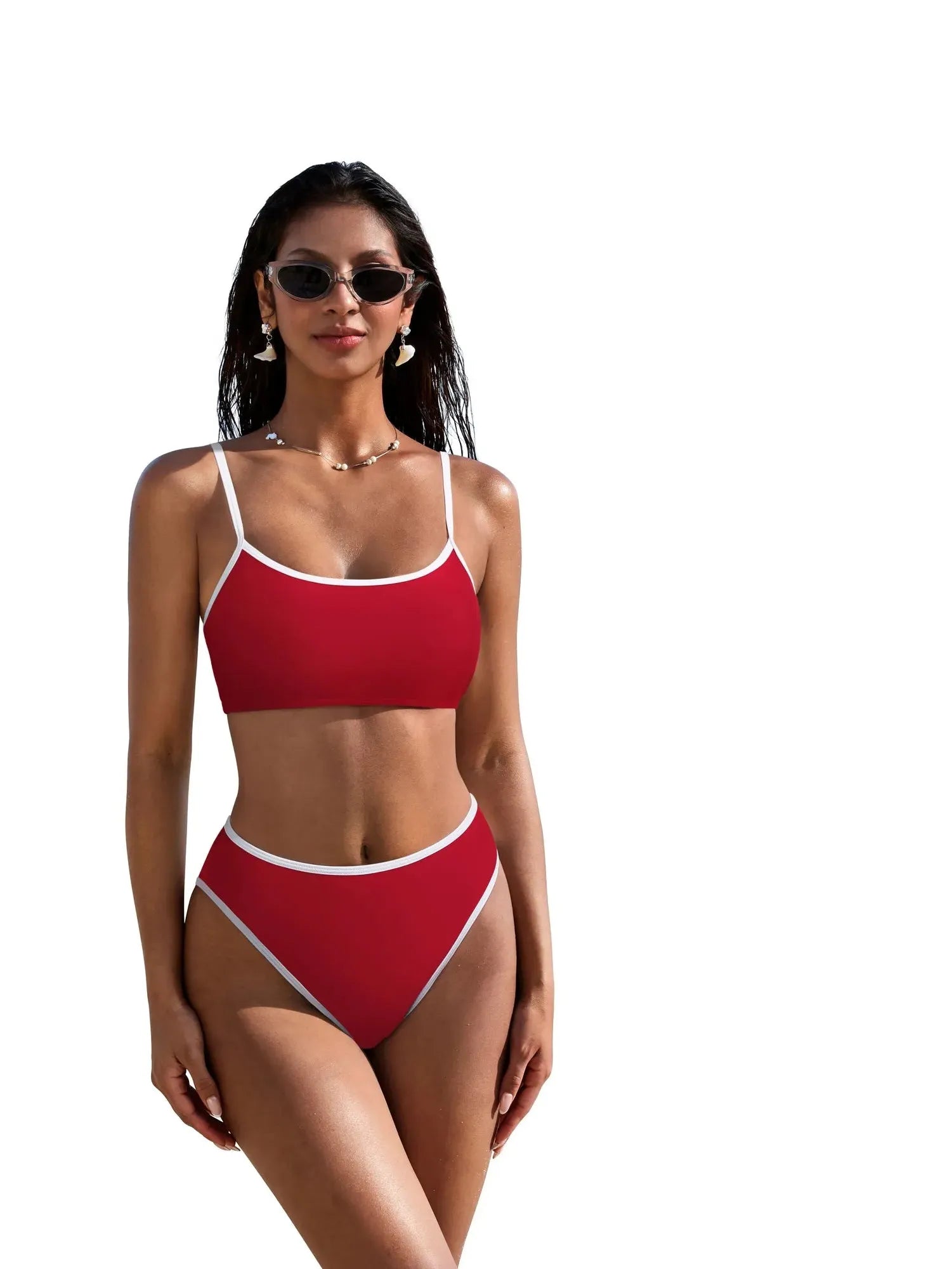 High Cut Bandeau 2 Piece Bikini Set-SUUKSESS-Red White-S-SUUKSESS