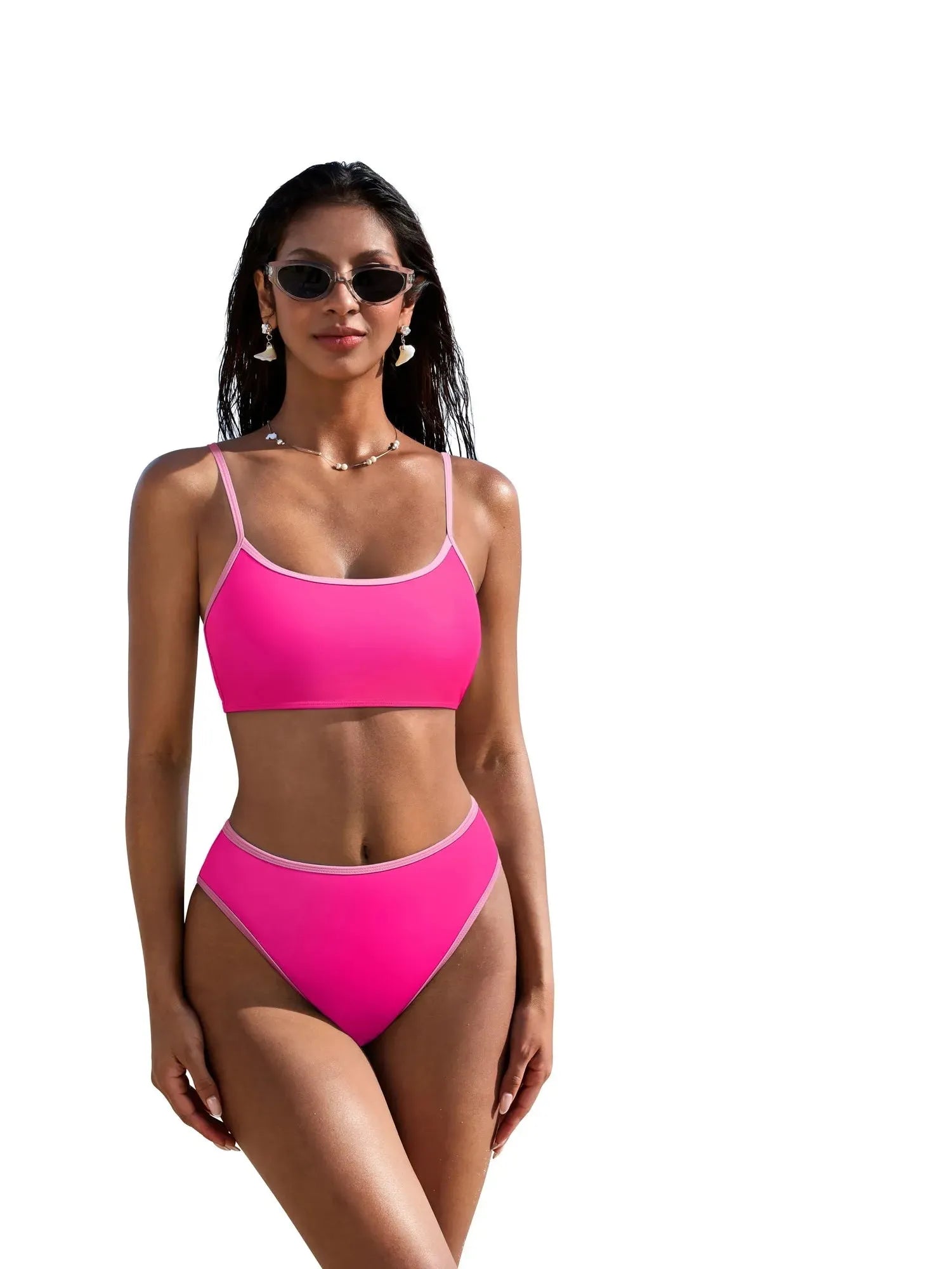 High Cut Bandeau 2 Piece Bikini Set-SUUKSESS-Hot Pink-S-SUUKSESS