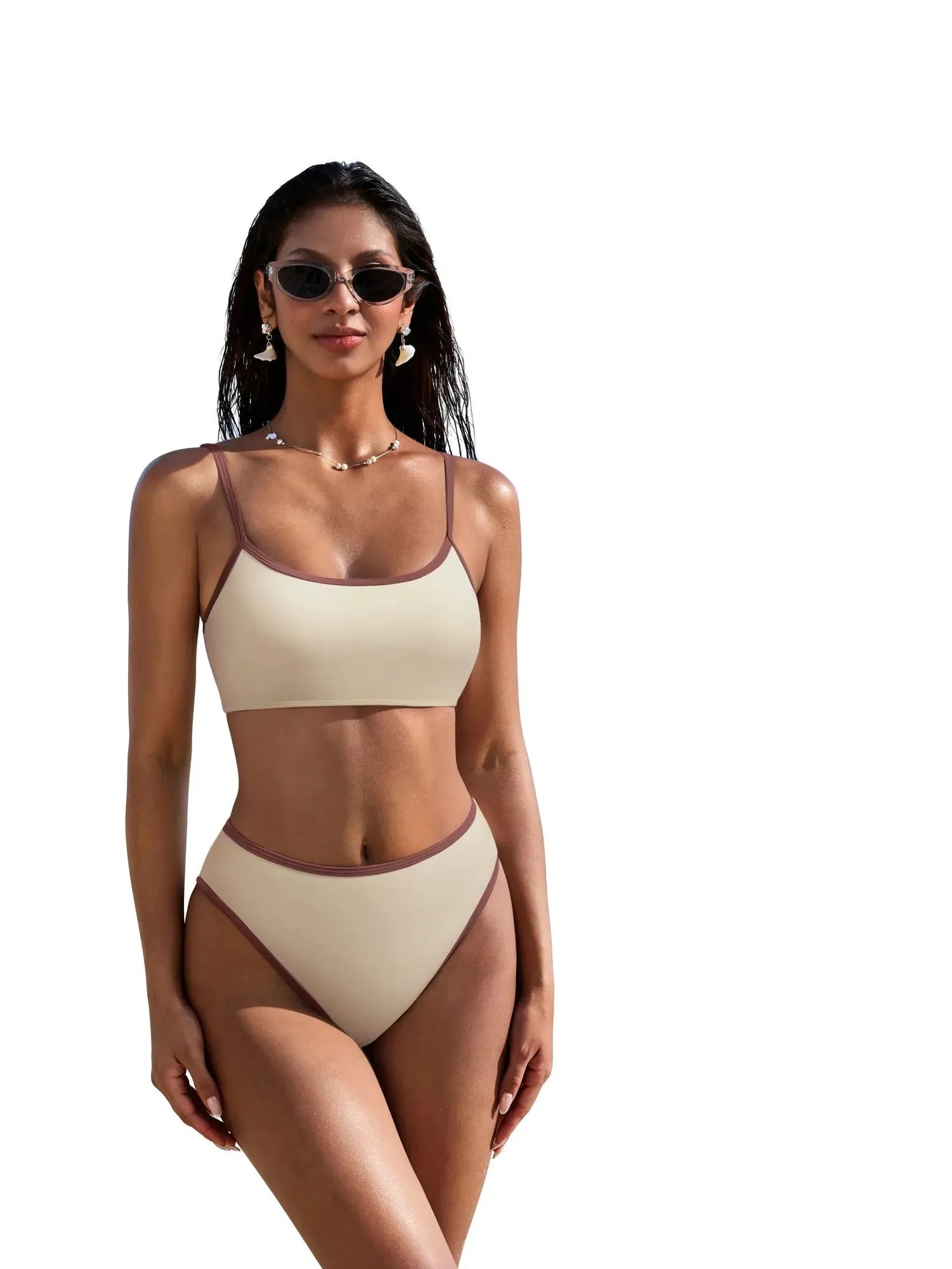High Cut Bandeau 2 Piece Bikini Set-SUUKSESS-Beige Brown-S-SUUKSESS