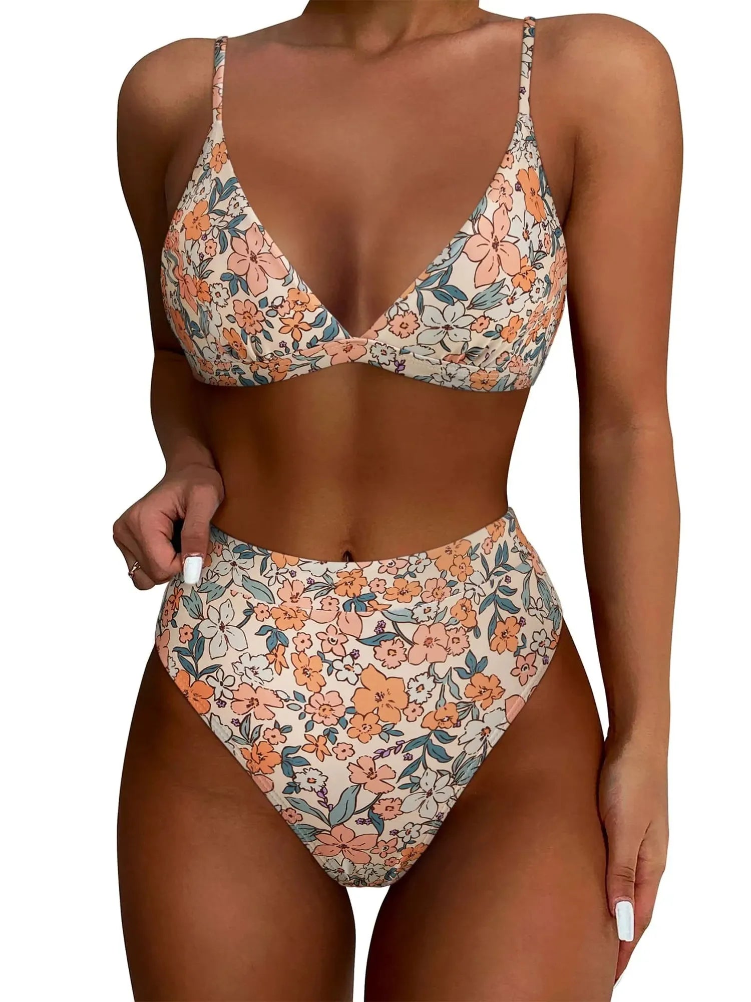 SUUKSESS Women Sexy High Waisted 2 Piece Bikini Sets Triangle High Cut Swimsuits-SUUKSESS-Yellow Floral-S-SUUKSESS