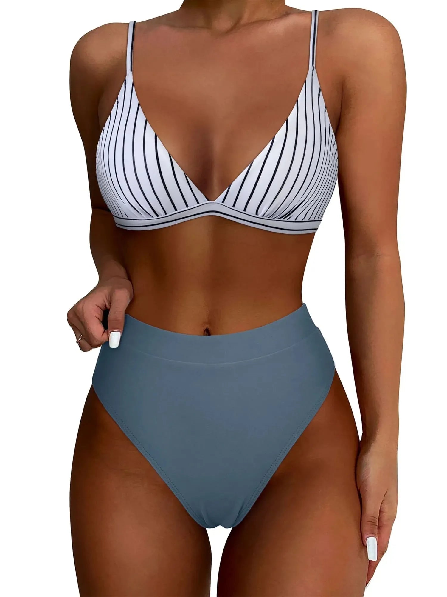 SUUKSESS Women Sexy High Waisted 2 Piece Bikini Sets Triangle High Cut Swimsuits-SUUKSESS-Black White Striped Blue-S-SUUKSESS