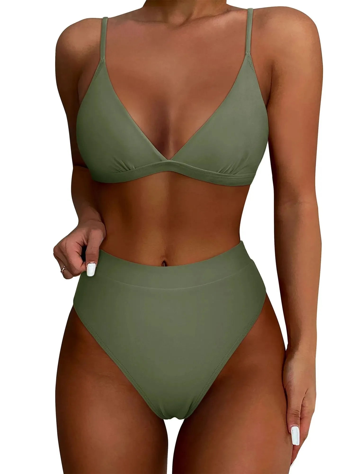 SUUKSESS Women Sexy High Waisted 2 Piece Bikini Sets Triangle High Cut Swimsuits-SUUKSESS-Army Green-S-SUUKSESS