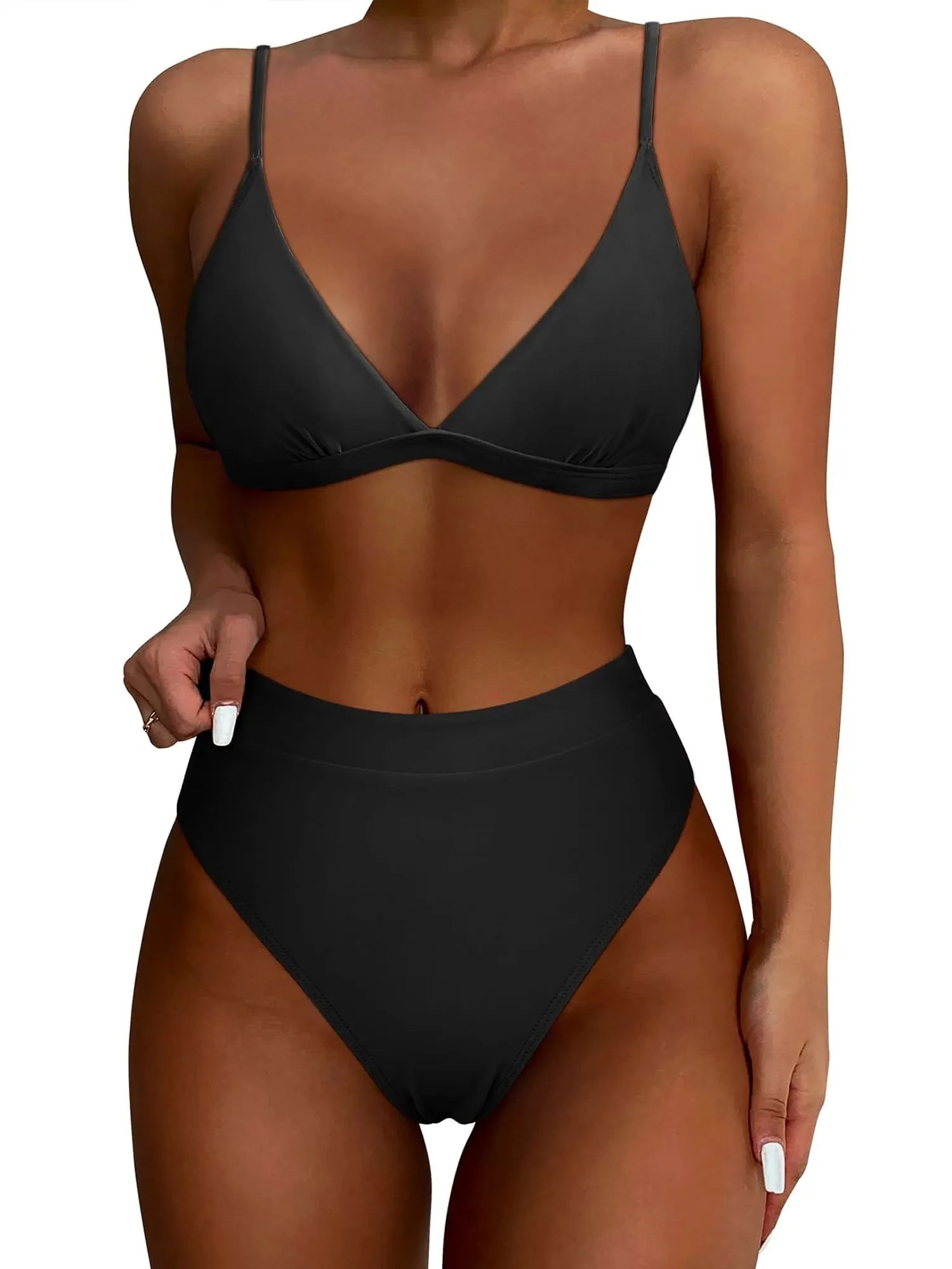 SUUKSESS Women Sexy High Waisted 2 Piece Bikini Sets Triangle High Cut Swimsuits-SUUKSESS-Black-S-SUUKSESS