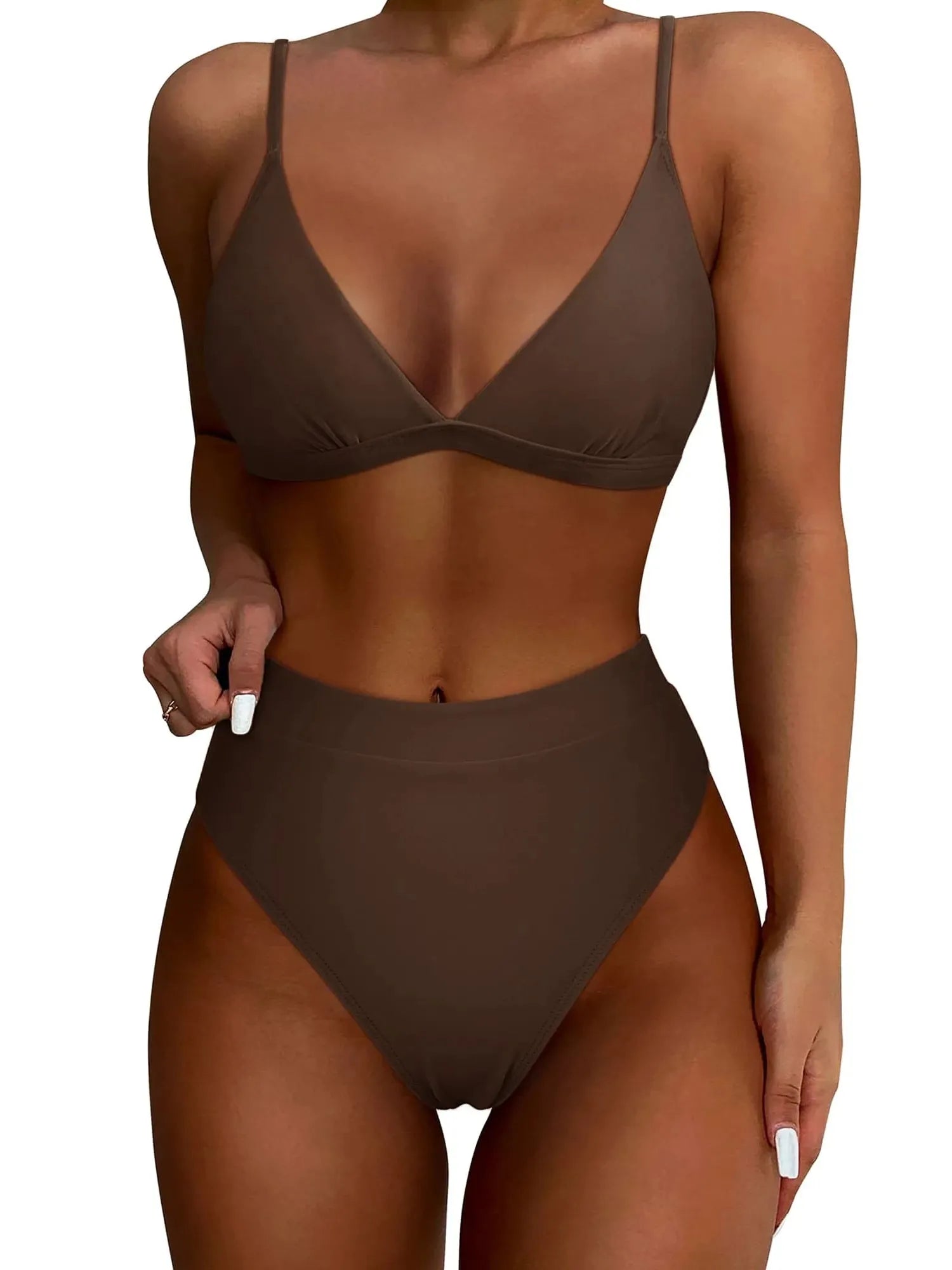 SUUKSESS Women Sexy High Waisted 2 Piece Bikini Sets Triangle High Cut Swimsuits-SUUKSESS-Deep Brown-S-SUUKSESS