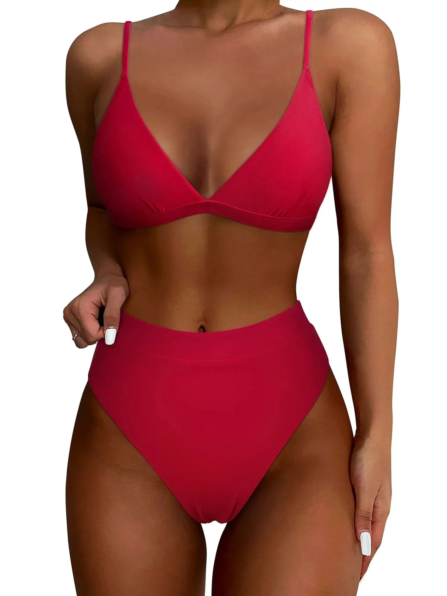 SUUKSESS Women Sexy High Waisted 2 Piece Bikini Sets Triangle High Cut Swimsuits-SUUKSESS-Red-S-SUUKSESS