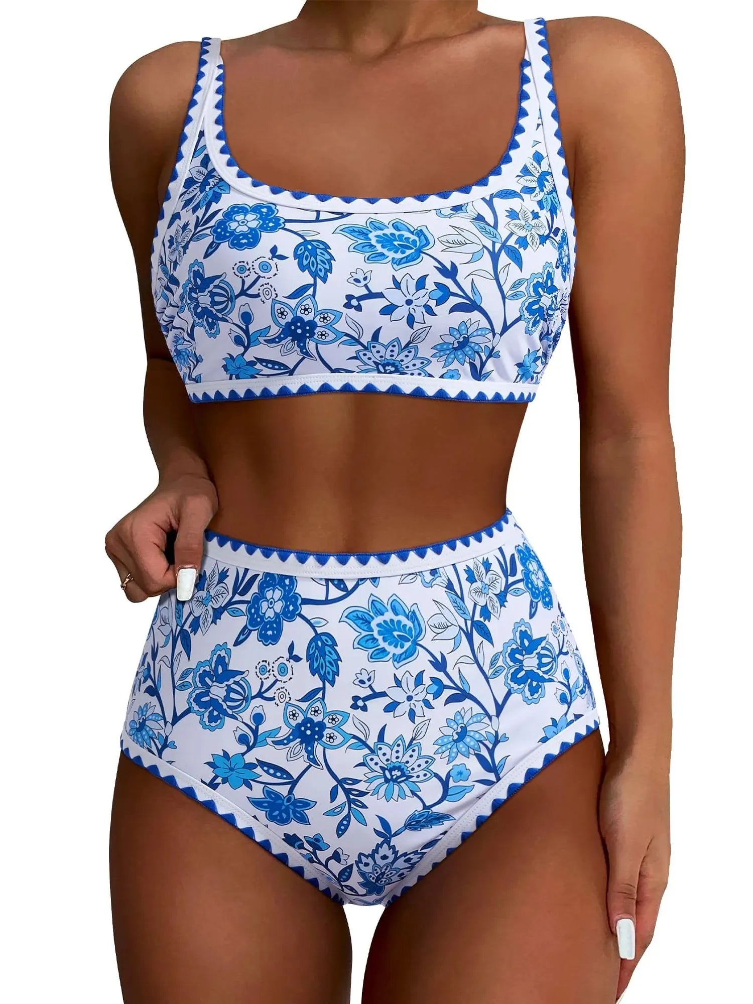 SUUKSESS Women High Waisted Bikini Set Floral Print Color Block 2 Piece Swimsuit-SUUKSESS-Blue Floral-S-SUUKSESS