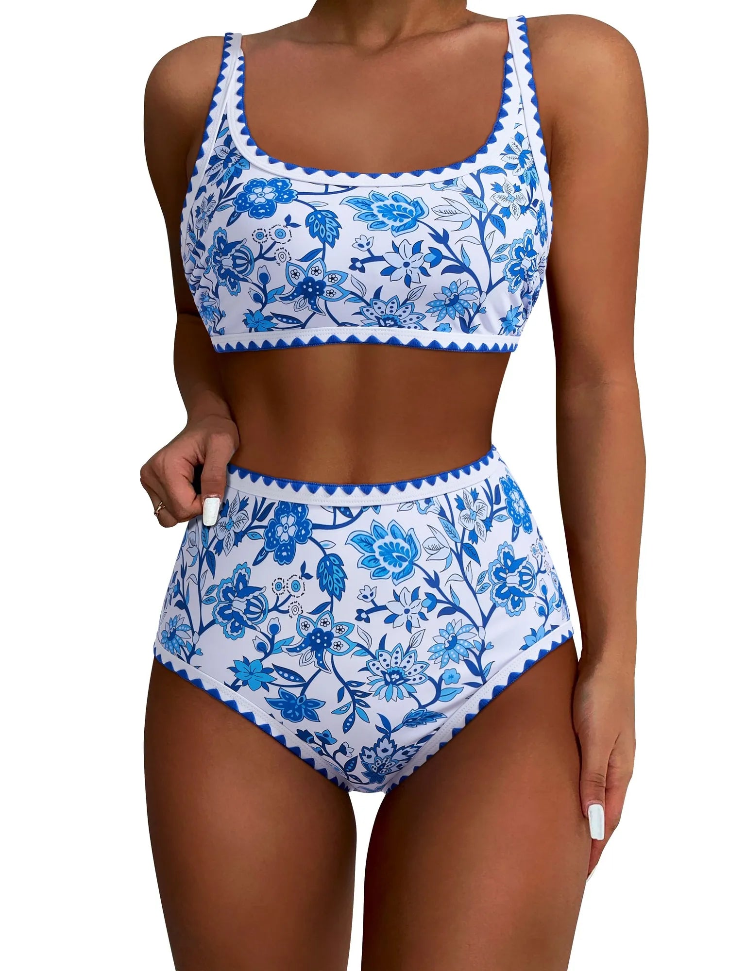 SUUKSESS Women High Waisted Bikini Set Floral Print Color Block 2 Piece Swimsuit-SUUKSESS-SUUKSESS
