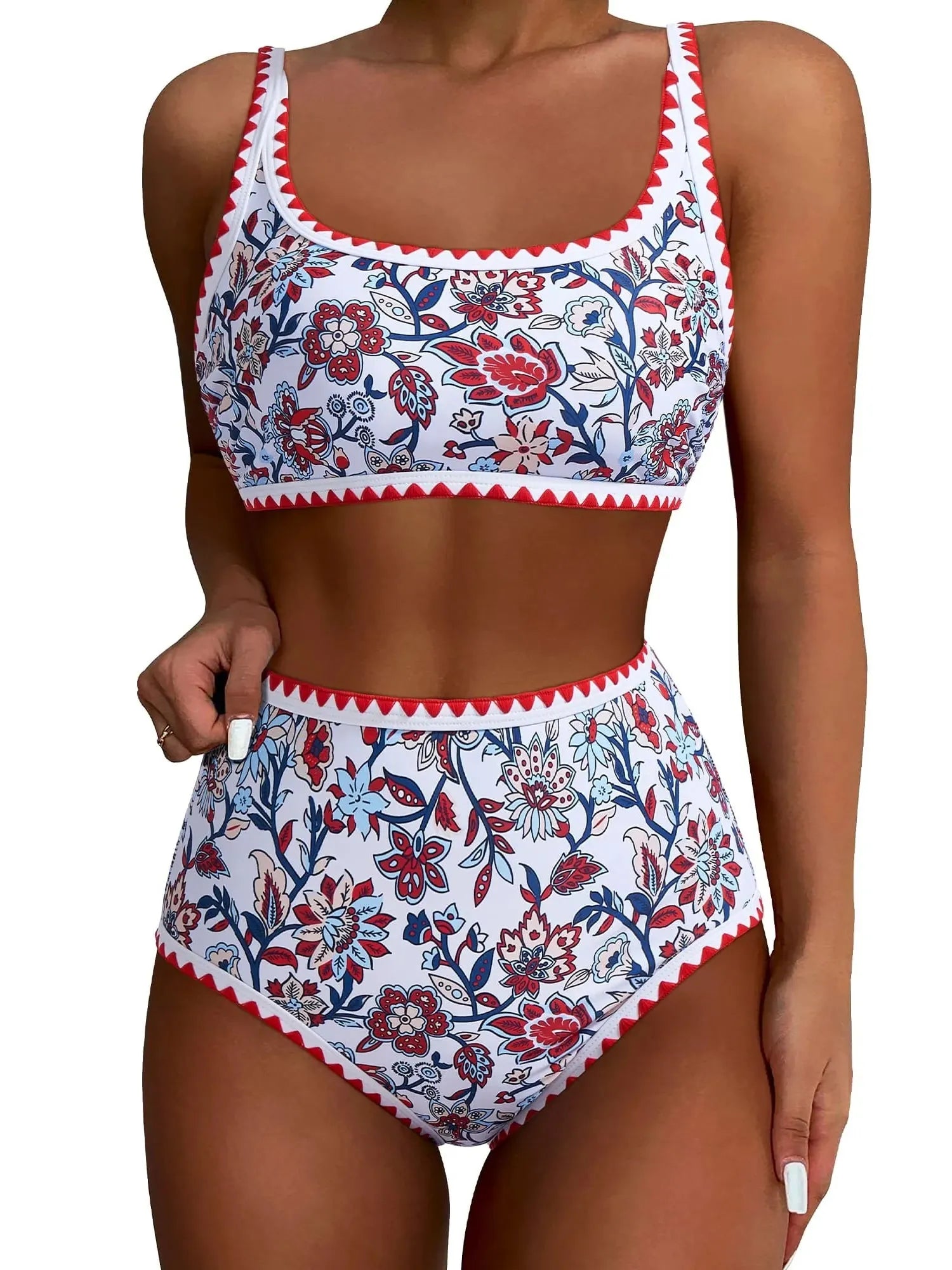 SUUKSESS Women High Waisted Bikini Set Floral Print Color Block 2 Piece Swimsuit-SUUKSESS-Red Floral-S-SUUKSESS