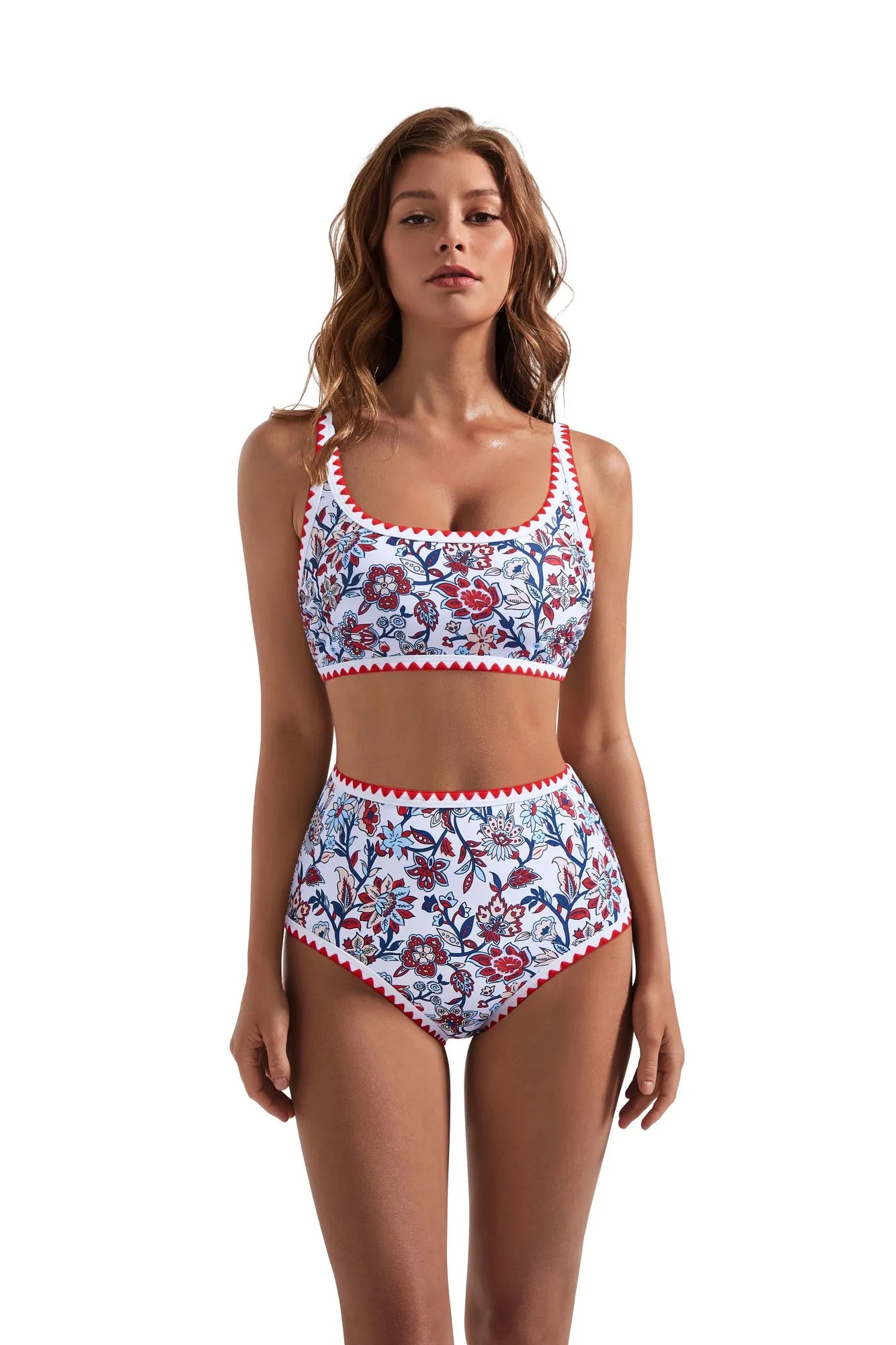 SUUKSESS Women High Waisted Bikini Set Floral Print Color Block 2 Piece Swimsuit-SUUKSESS-SUUKSESS