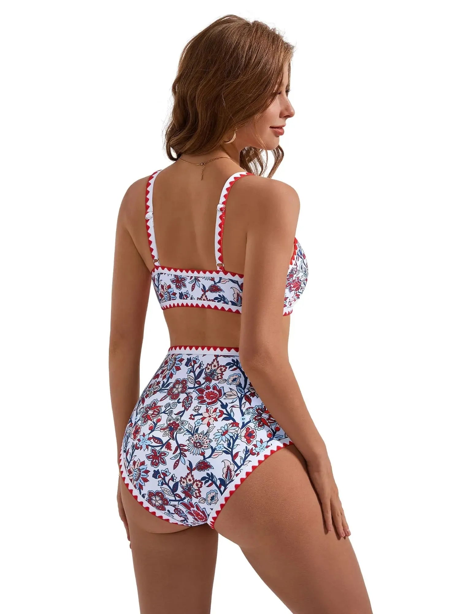 SUUKSESS Women High Waisted Bikini Set Floral Print Color Block 2 Piece Swimsuit-SUUKSESS-SUUKSESS