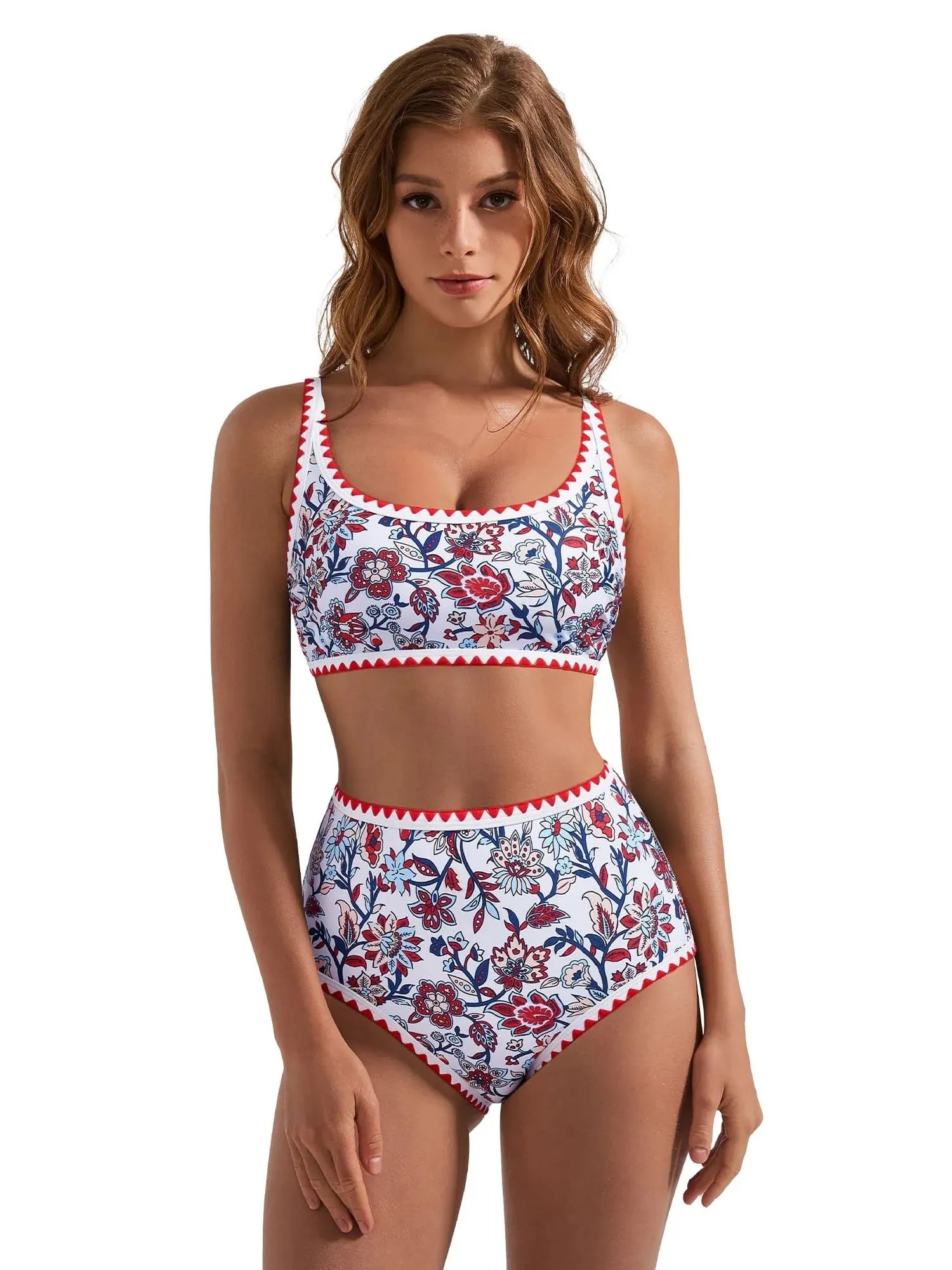 SUUKSESS Women High Waisted Bikini Set Floral Print Color Block 2 Piece Swimsuit-SUUKSESS-SUUKSESS