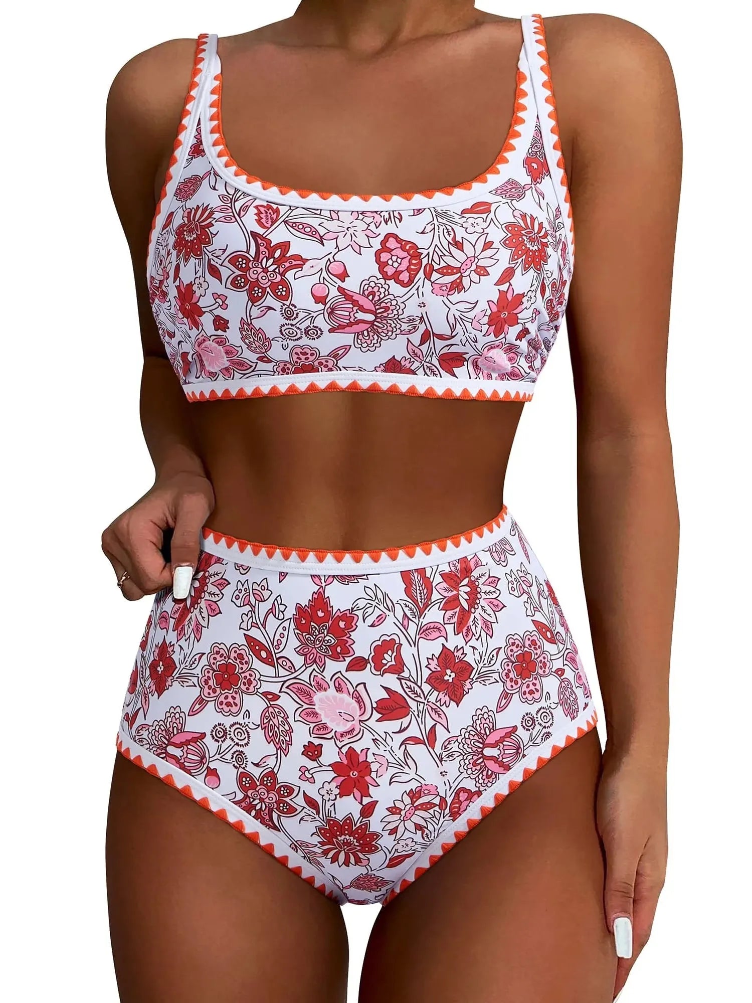 SUUKSESS Women High Waisted Bikini Set Floral Print Color Block 2 Piece Swimsuit-SUUKSESS-Orange Floral-S-SUUKSESS