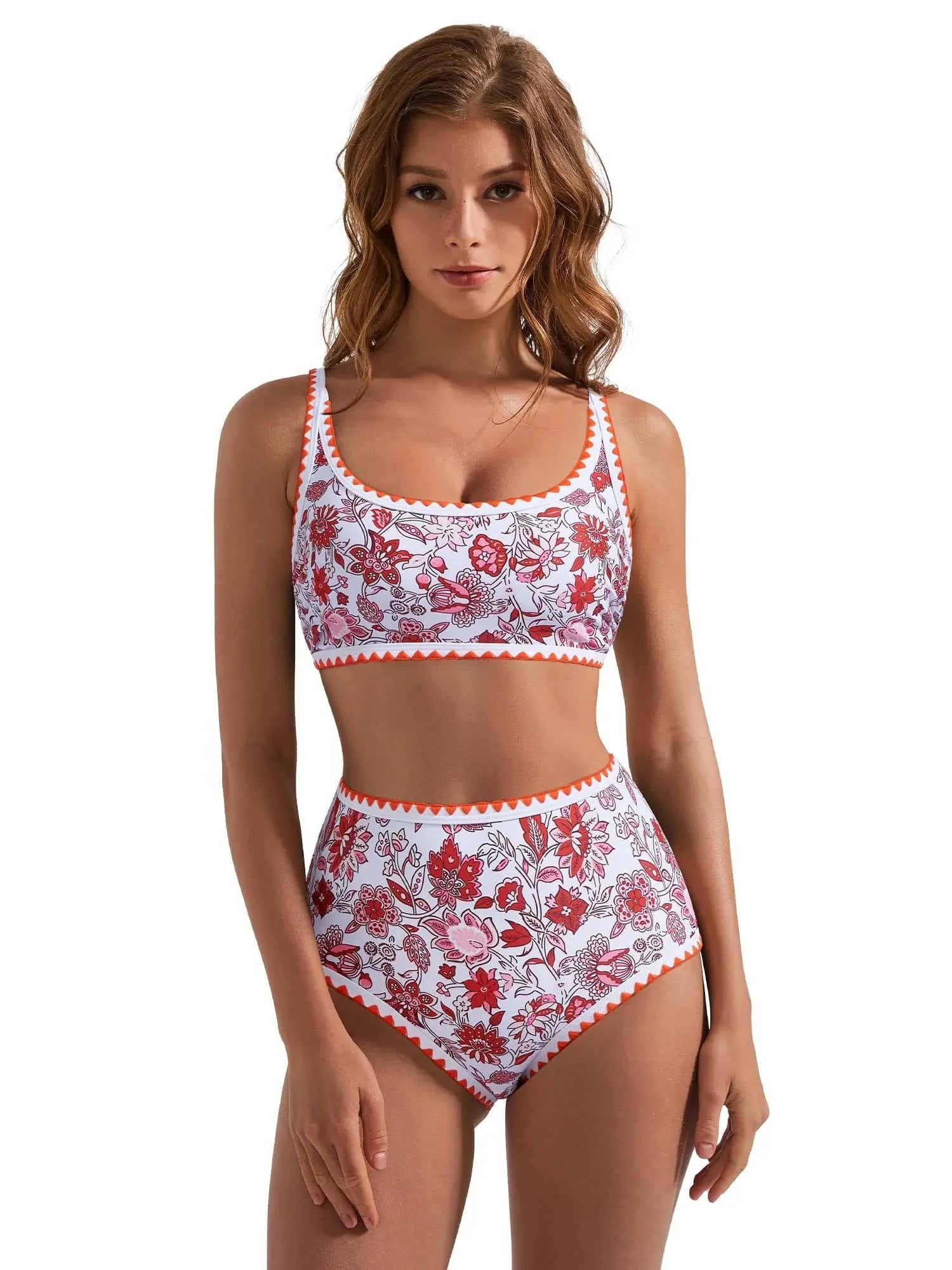 SUUKSESS Women High Waisted Bikini Set Floral Print Color Block 2 Piece Swimsuit-SUUKSESS-SUUKSESS