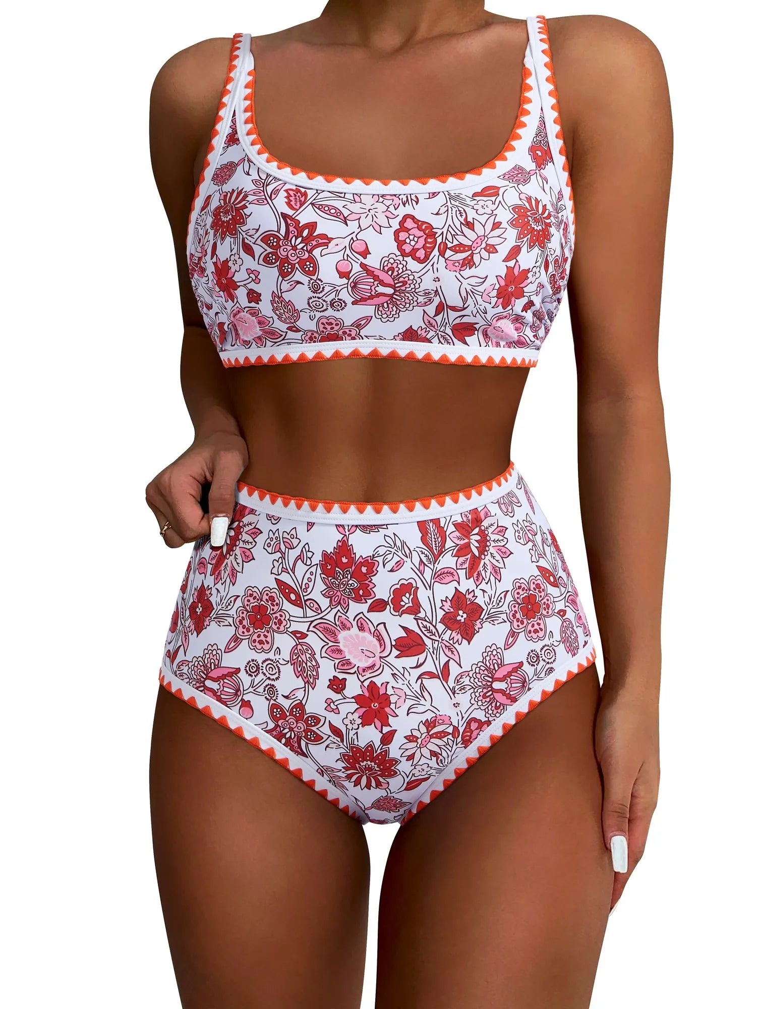 SUUKSESS Women High Waisted Bikini Set Floral Print Color Block 2 Piece Swimsuit-SUUKSESS-SUUKSESS