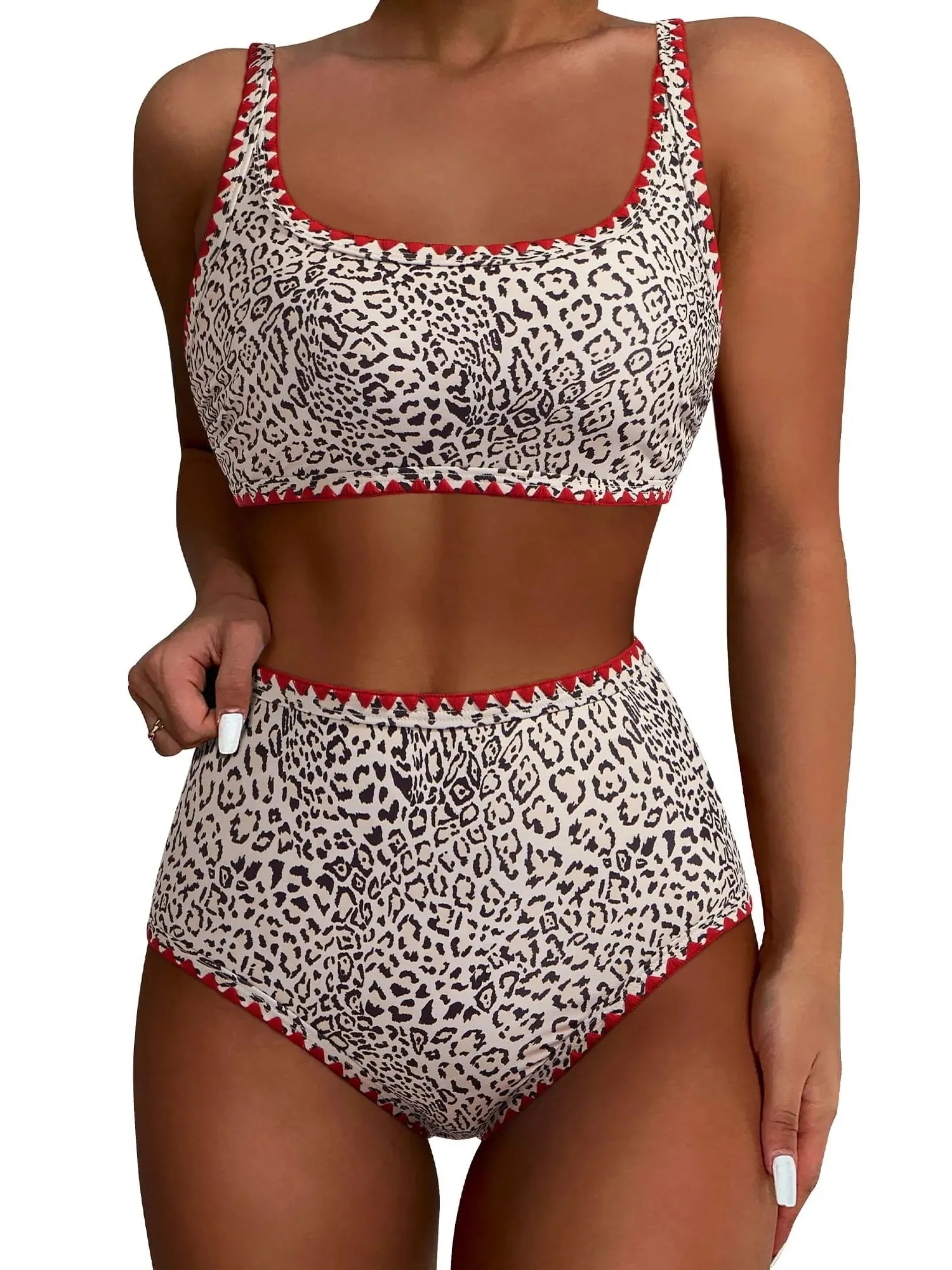 SUUKSESS Women High Waisted Bikini Set Floral Print Color Block 2 Piece Swimsuit-SUUKSESS-Leopard Red-S-SUUKSESS