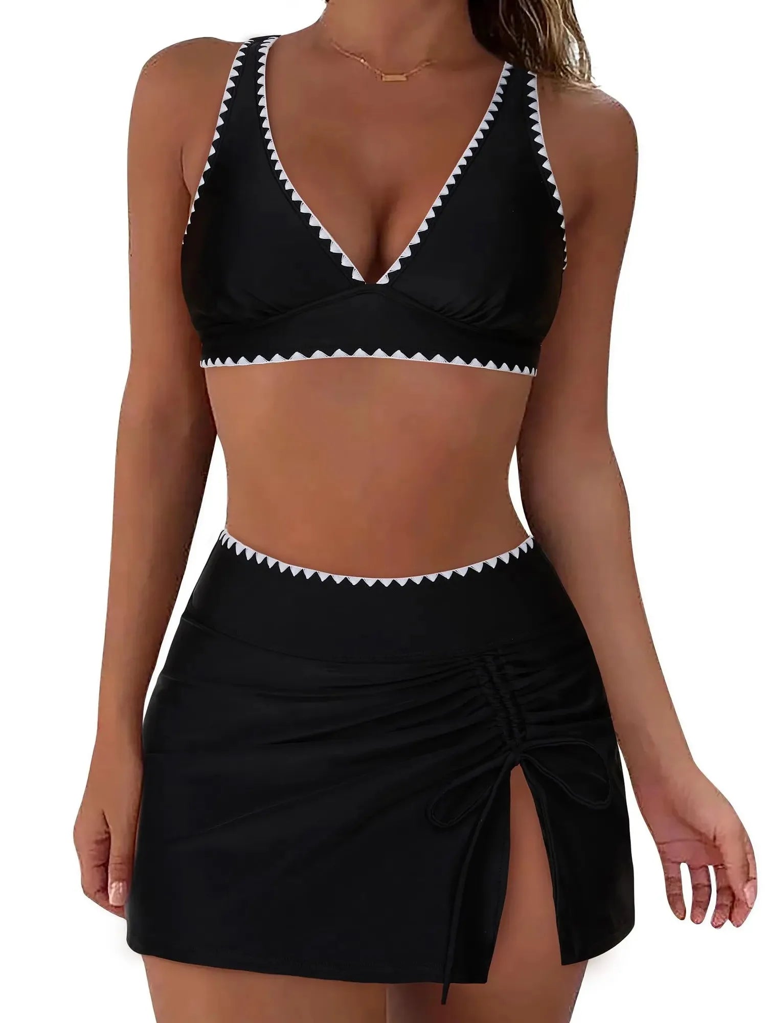SUUKSESS Women High Waisted Bikini Sets with Skirt Sexy Crisscross Back Swimsuit-SUUKSESS-Black-S-SUUKSESS