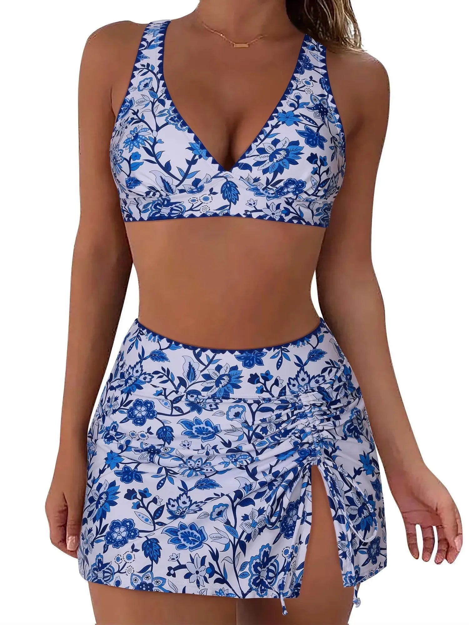 SUUKSESS Women High Waisted Bikini Sets with Skirt Sexy Crisscross Back Swimsuit-SUUKSESS-Blue Floral-S-SUUKSESS
