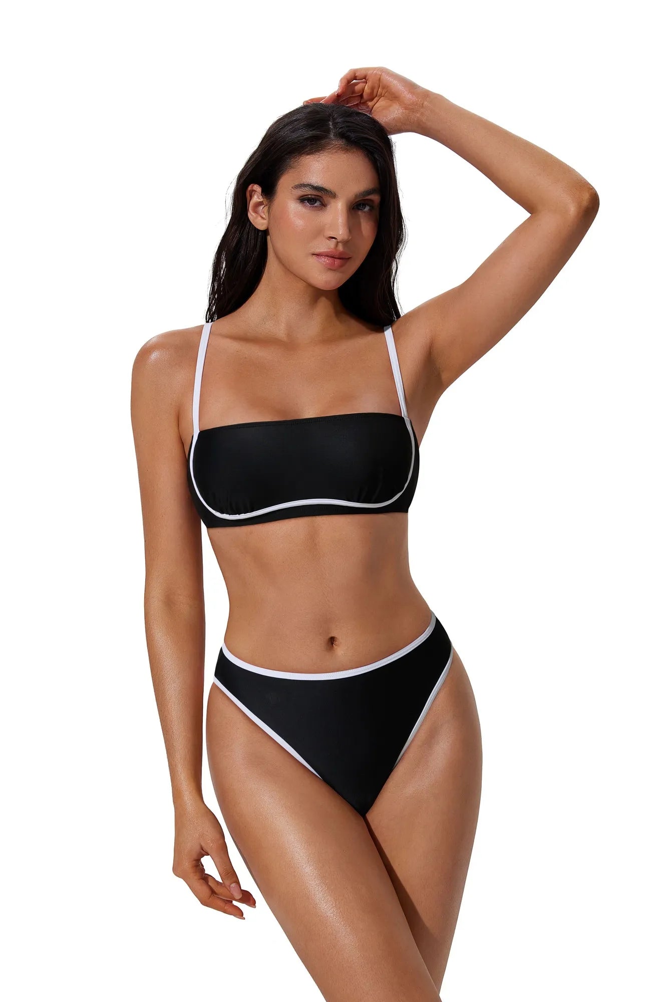 Bandeau High Waisted Bikini Set 2 Piece Swimsuits-SUUKSESS-Black White-S-SUUKSESS