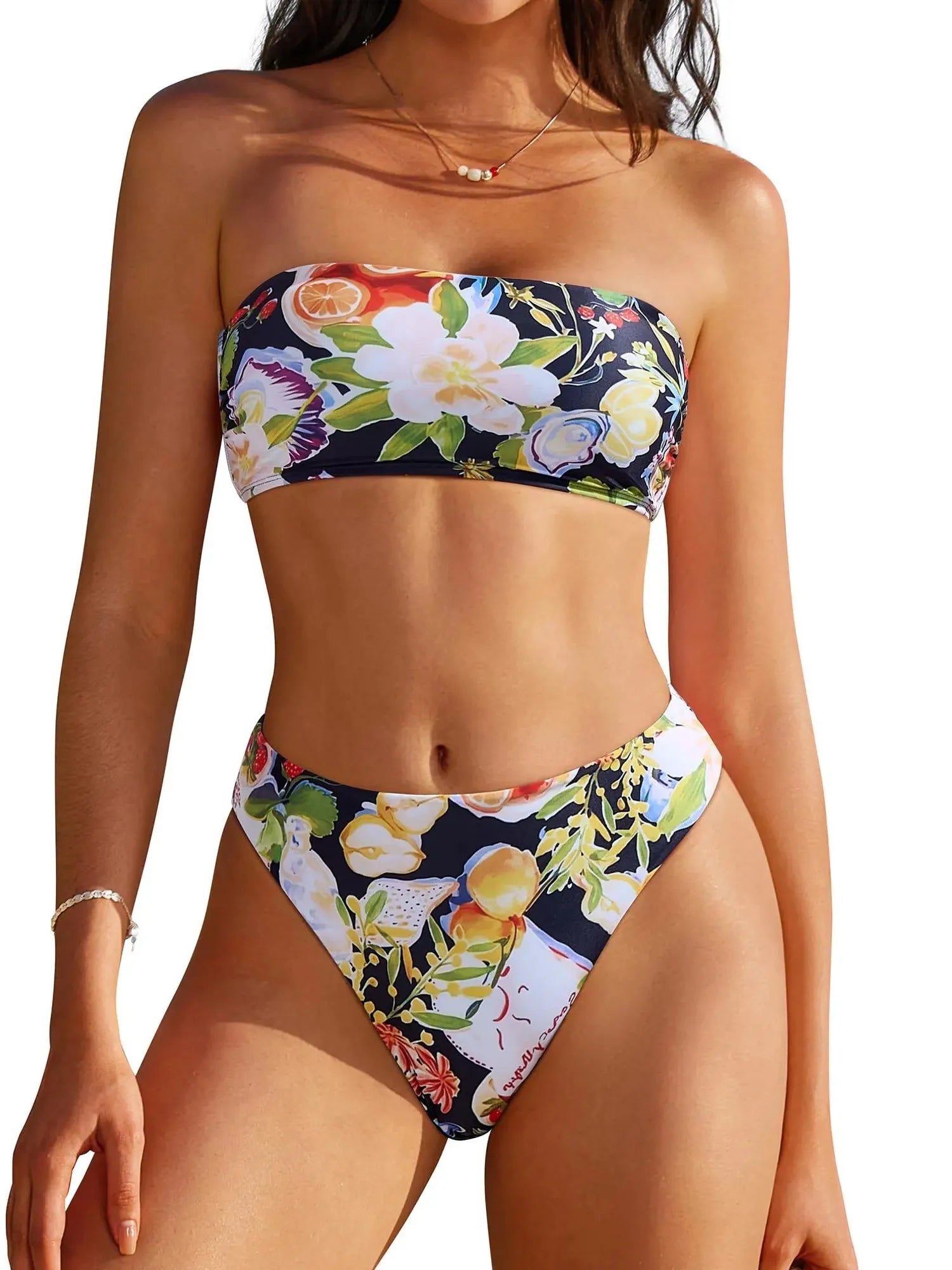 Cheeky 2 Piece Bandeau Bikini Set-SUUKSESS-Black Floral-S-SUUKSESS