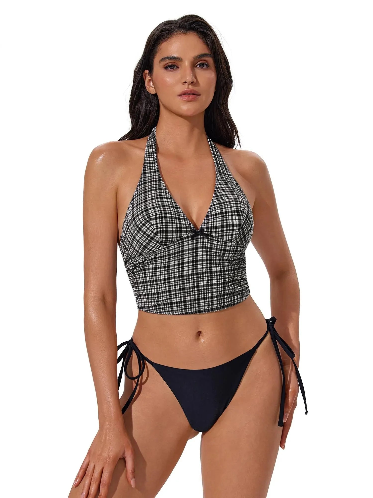 Halter String Cheeky Thong Bikini Set-SUUKSESS-Black White Gingham-XS-SUUKSESS