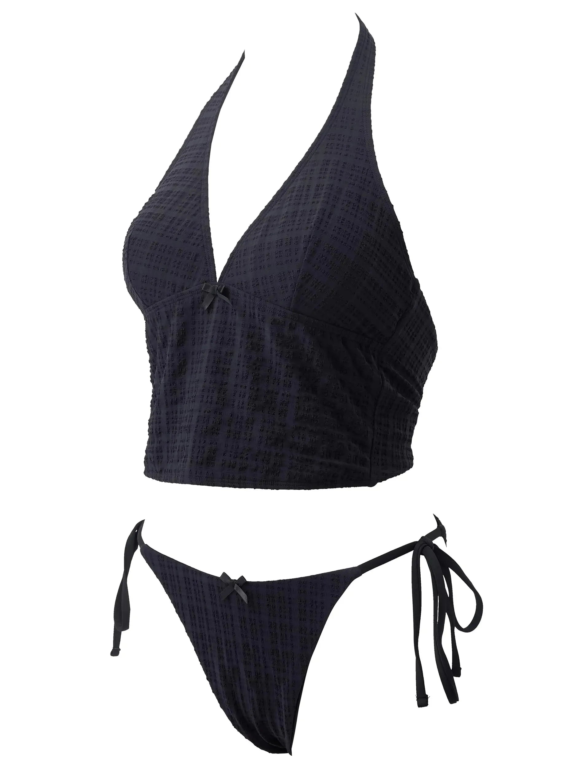 Halter String Cheeky Thong Bikini Set-SUUKSESS-Navy Black Gingham-XS-SUUKSESS