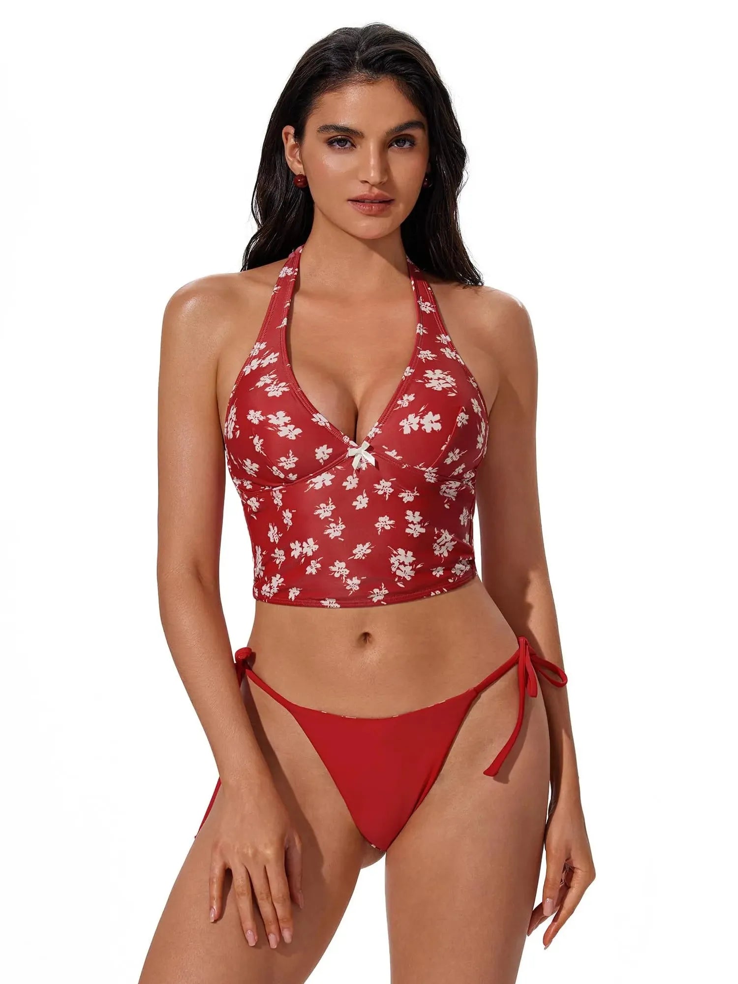 Halter String Cheeky Thong Bikini Set-SUUKSESS-Red White Floral-XS-SUUKSESS