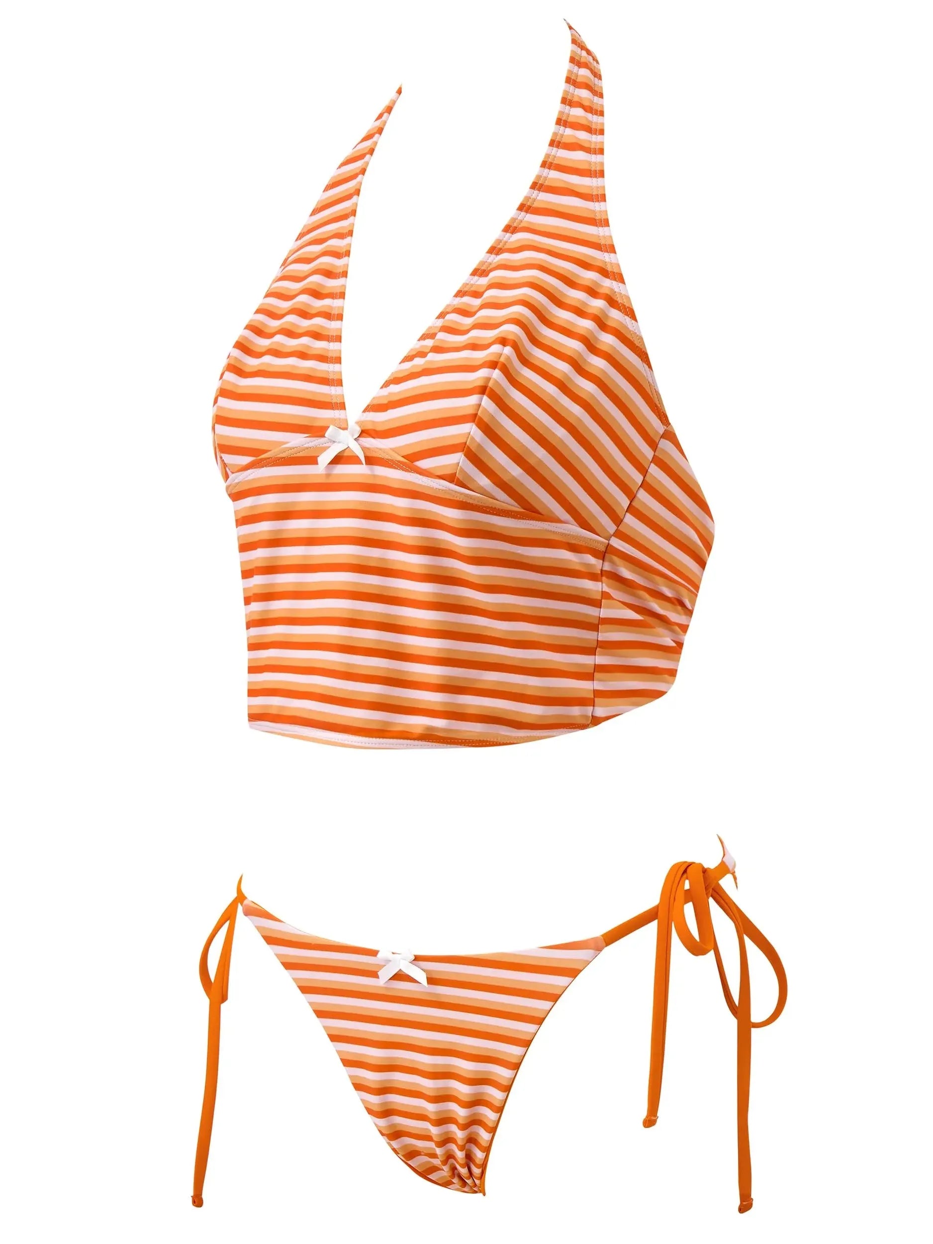 Halter String Cheeky Thong Bikini Set-SUUKSESS-Orange Striped-XS-SUUKSESS