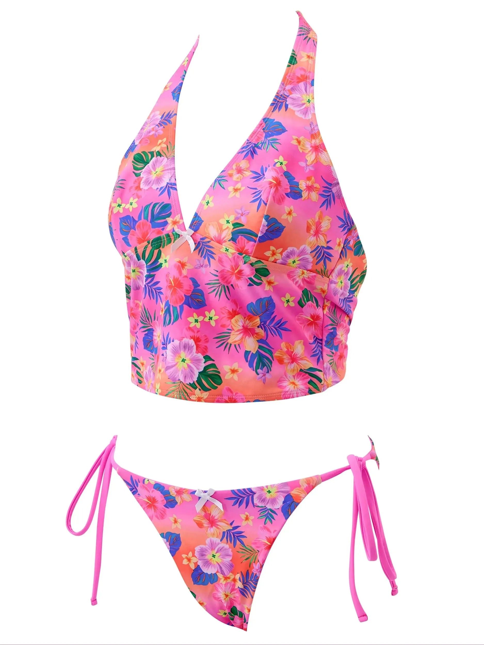 Halter String Cheeky Thong Bikini Set-SUUKSESS-Deep Pink Multicolor Floral-XS-SUUKSESS