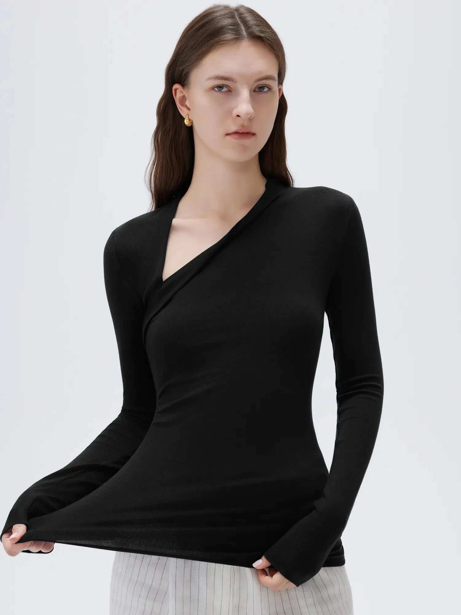 SUUKSESS Modal Cashmere Long Sleeve T Shirts for Women Ultralight Fall Fashion 2025 Trendy Asymmetric Neck Casual Tops-SUUKSESS-SUUKSESS