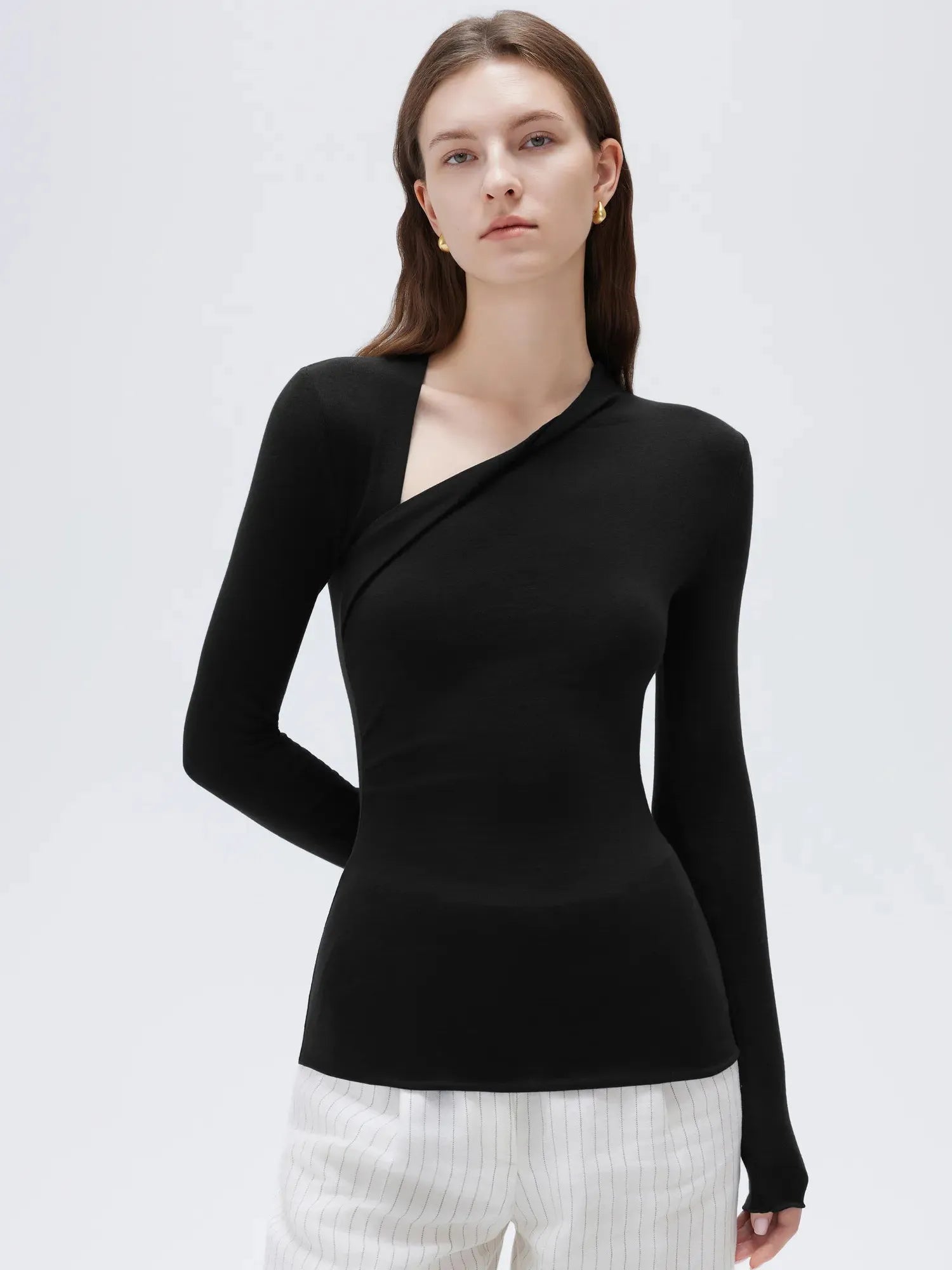 SUUKSESS Modal Cashmere Long Sleeve T Shirts for Women Ultralight Fall Fashion 2025 Trendy Asymmetric Neck Casual Tops-SUUKSESS-SUUKSESS