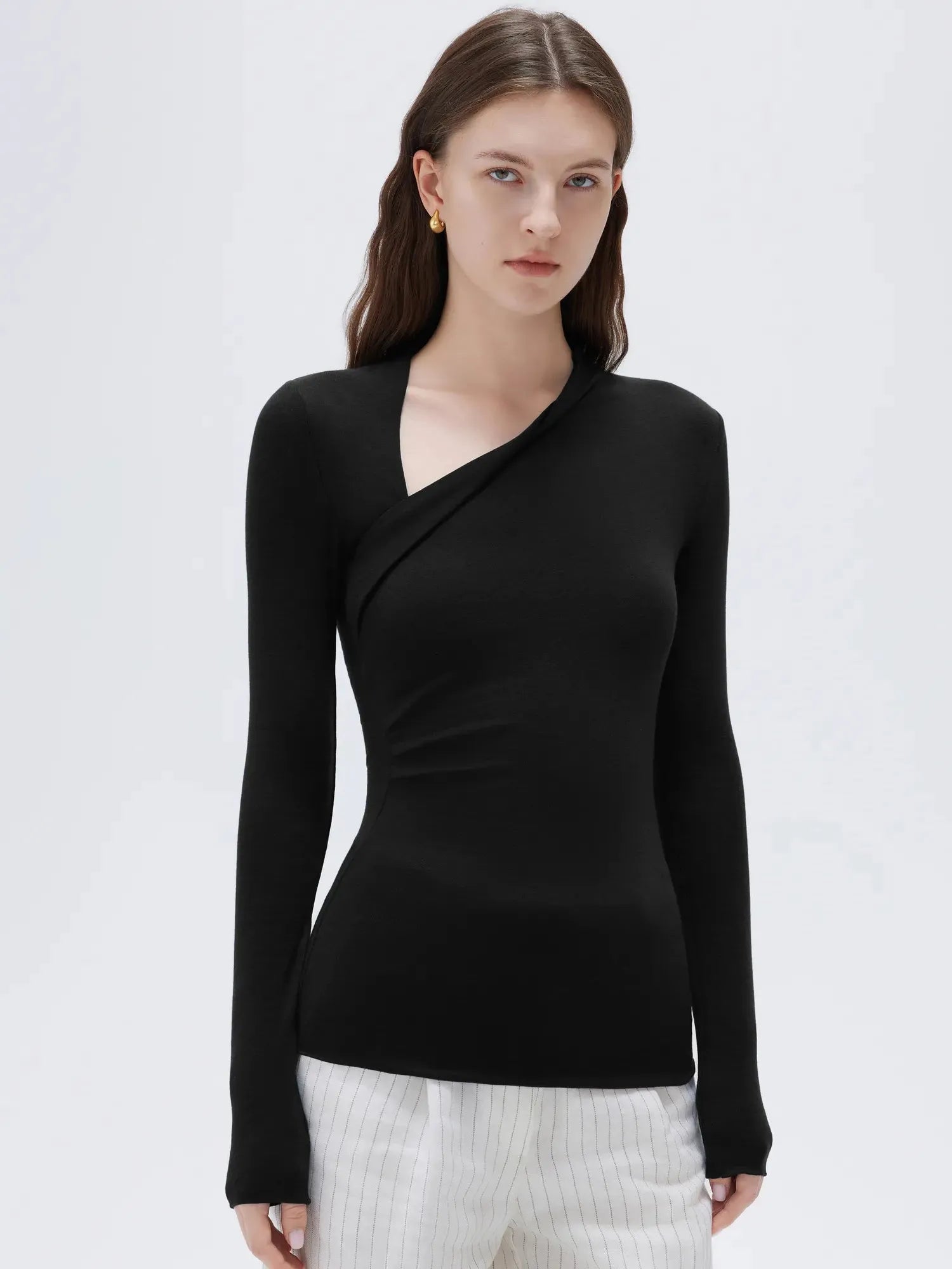 SUUKSESS Modal Cashmere Long Sleeve T Shirts for Women Ultralight Fall Fashion 2025 Trendy Asymmetric Neck Casual Tops-SUUKSESS-SUUKSESS