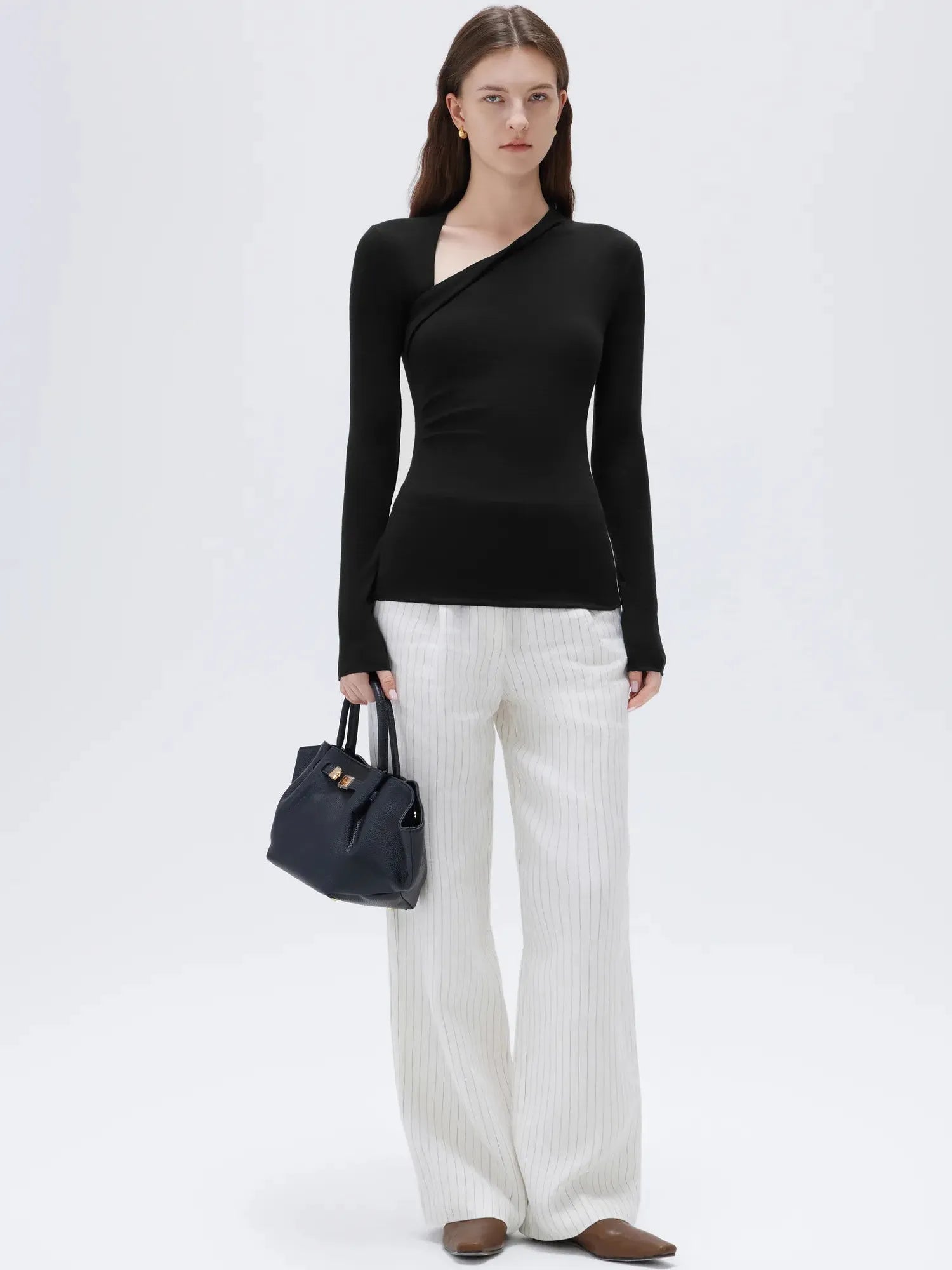 SUUKSESS Modal Cashmere Long Sleeve T Shirts for Women Ultralight Fall Fashion 2025 Trendy Asymmetric Neck Casual Tops-SUUKSESS-SUUKSESS