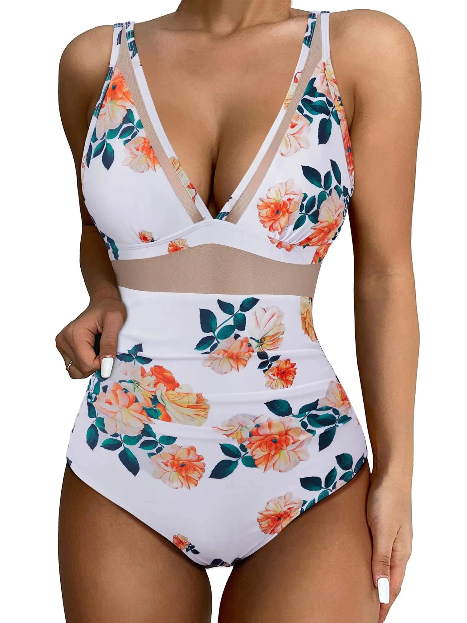 Mesh One Pieces Bathing Suit-Swimwear-SUUKSESS-White Floral-S-SUUKSESS