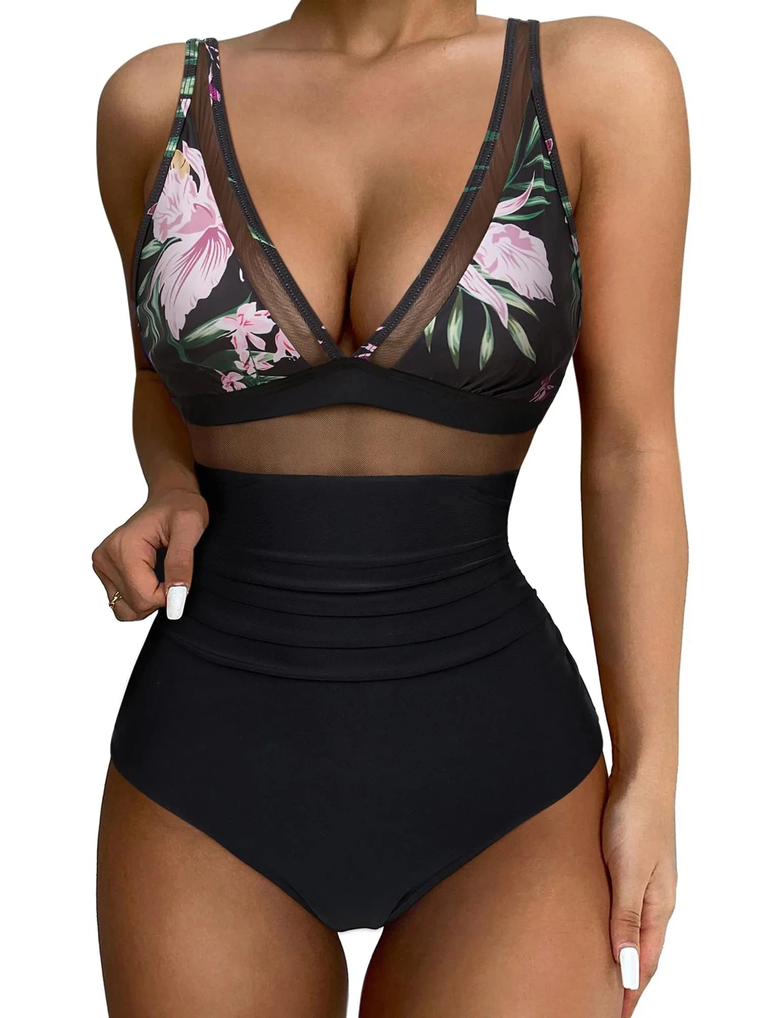 Mesh One Pieces Bathing Suit-Swimwear-SUUKSESS-Tropical Floral Black-S-SUUKSESS