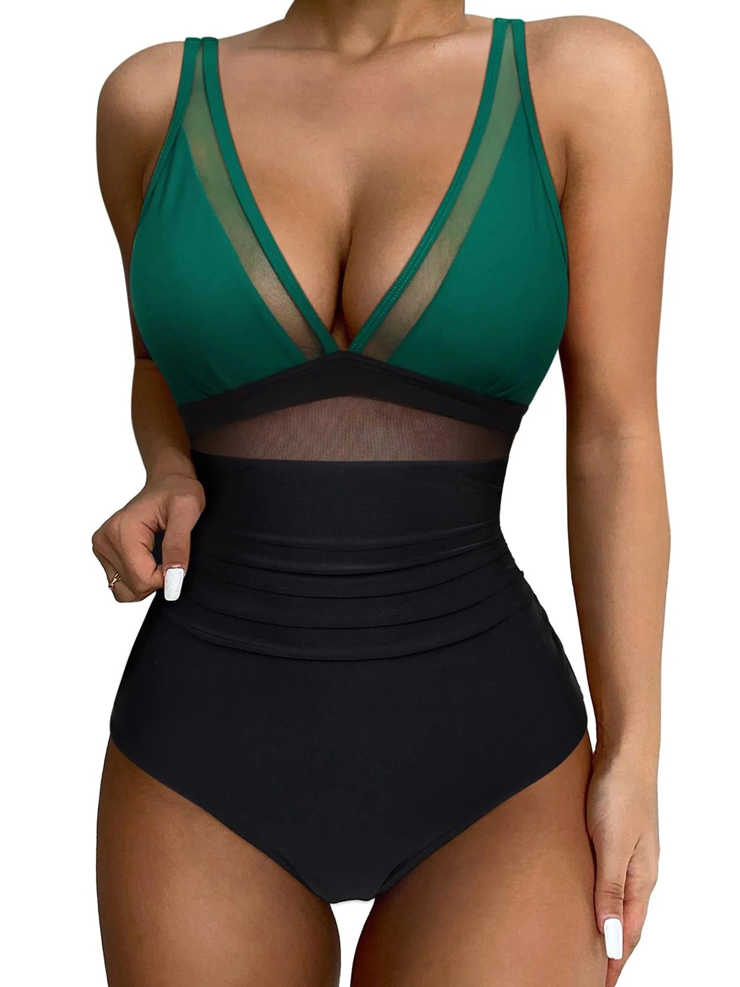 Mesh One Pieces Bathing Suit-Swimwear-SUUKSESS-Green Black-S-SUUKSESS