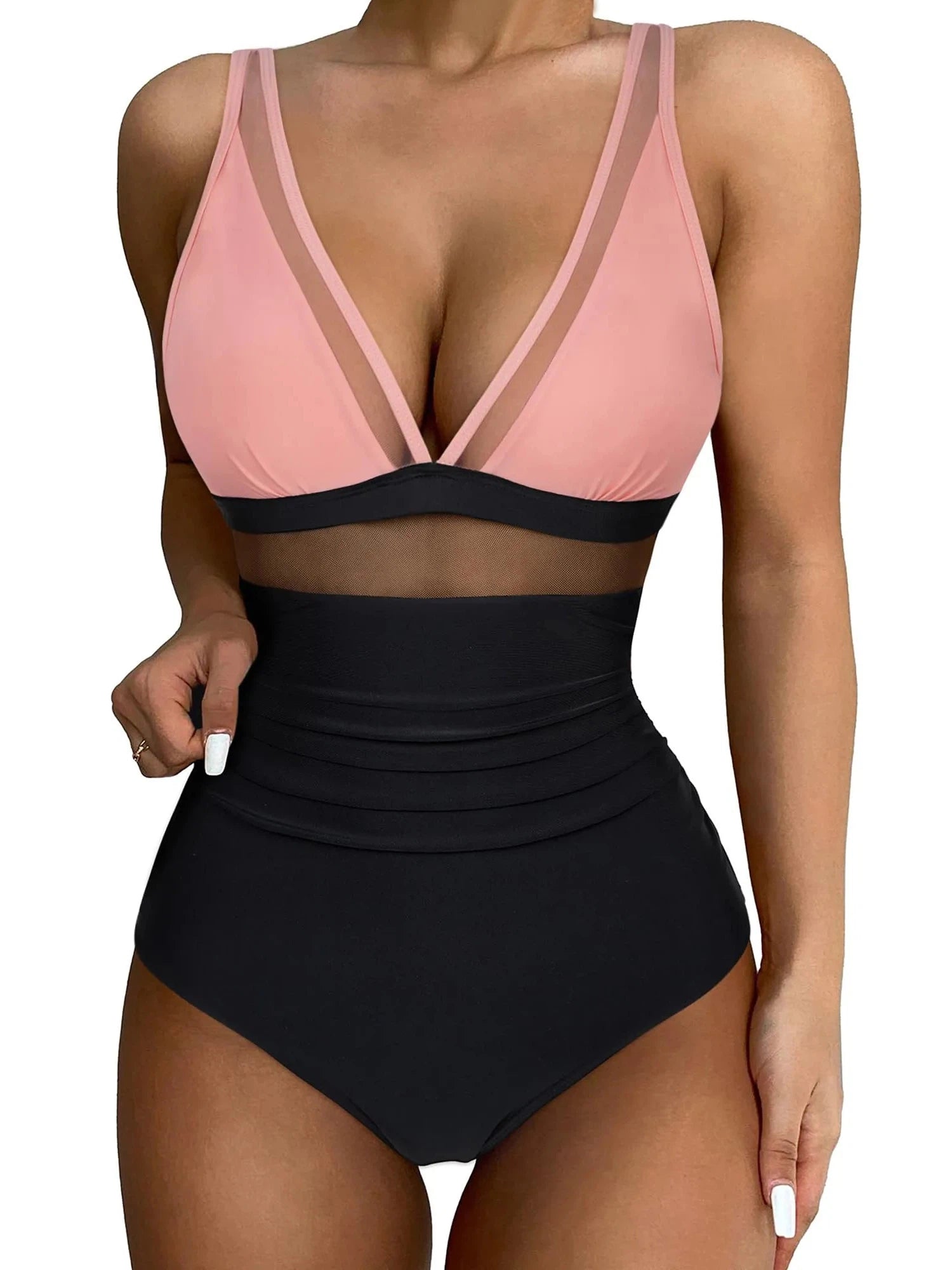 Mesh One Pieces Bathing Suit-Swimwear-SUUKSESS-Pink Blac-S-SUUKSESS