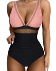 Mesh One Pieces Bathing Suit-Swimwear-SUUKSESS-Pink Blac-S-SUUKSESS