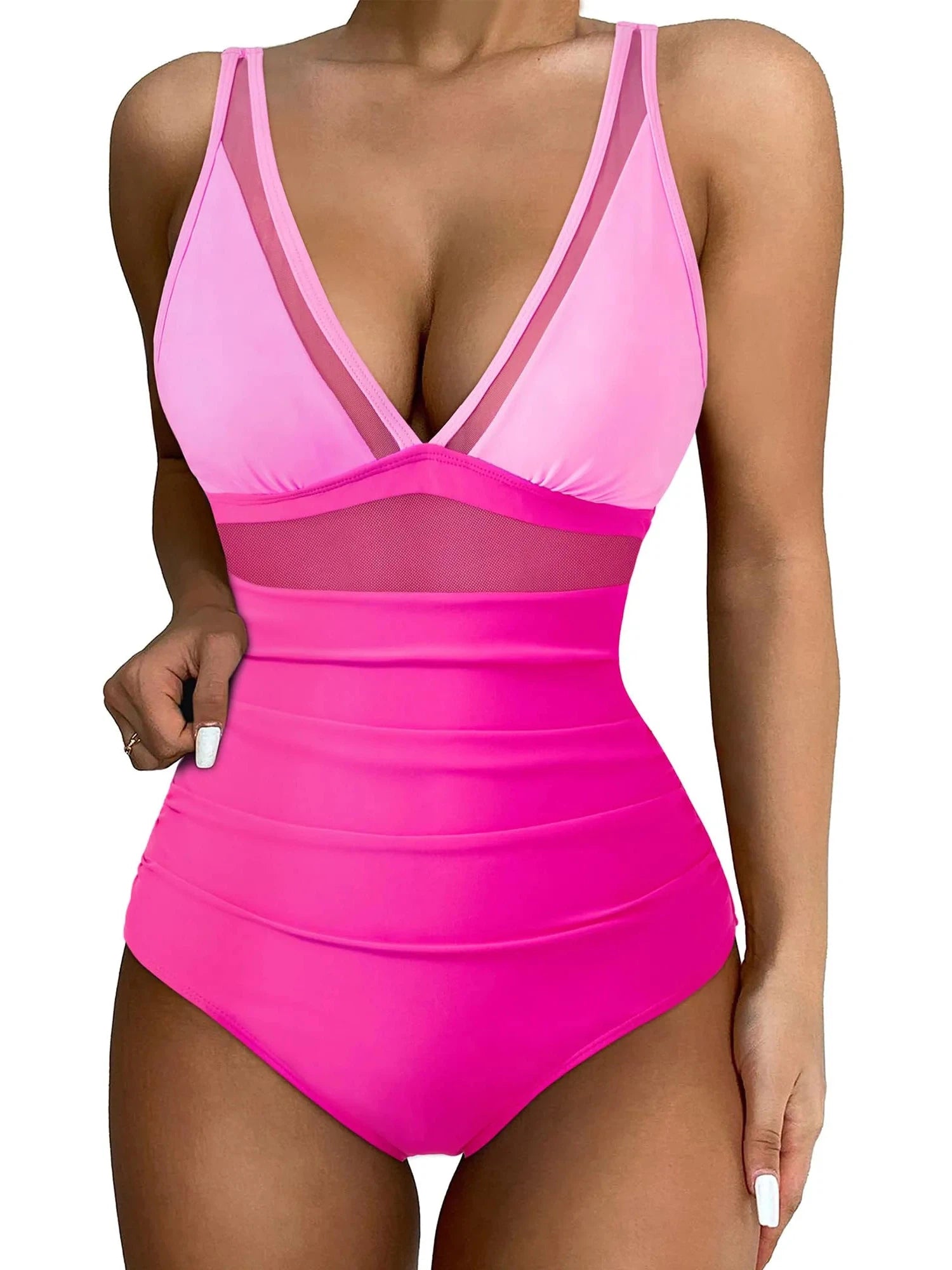 Mesh One Pieces Bathing Suit-Swimwear-SUUKSESS-Pink Color Block-S-SUUKSESS