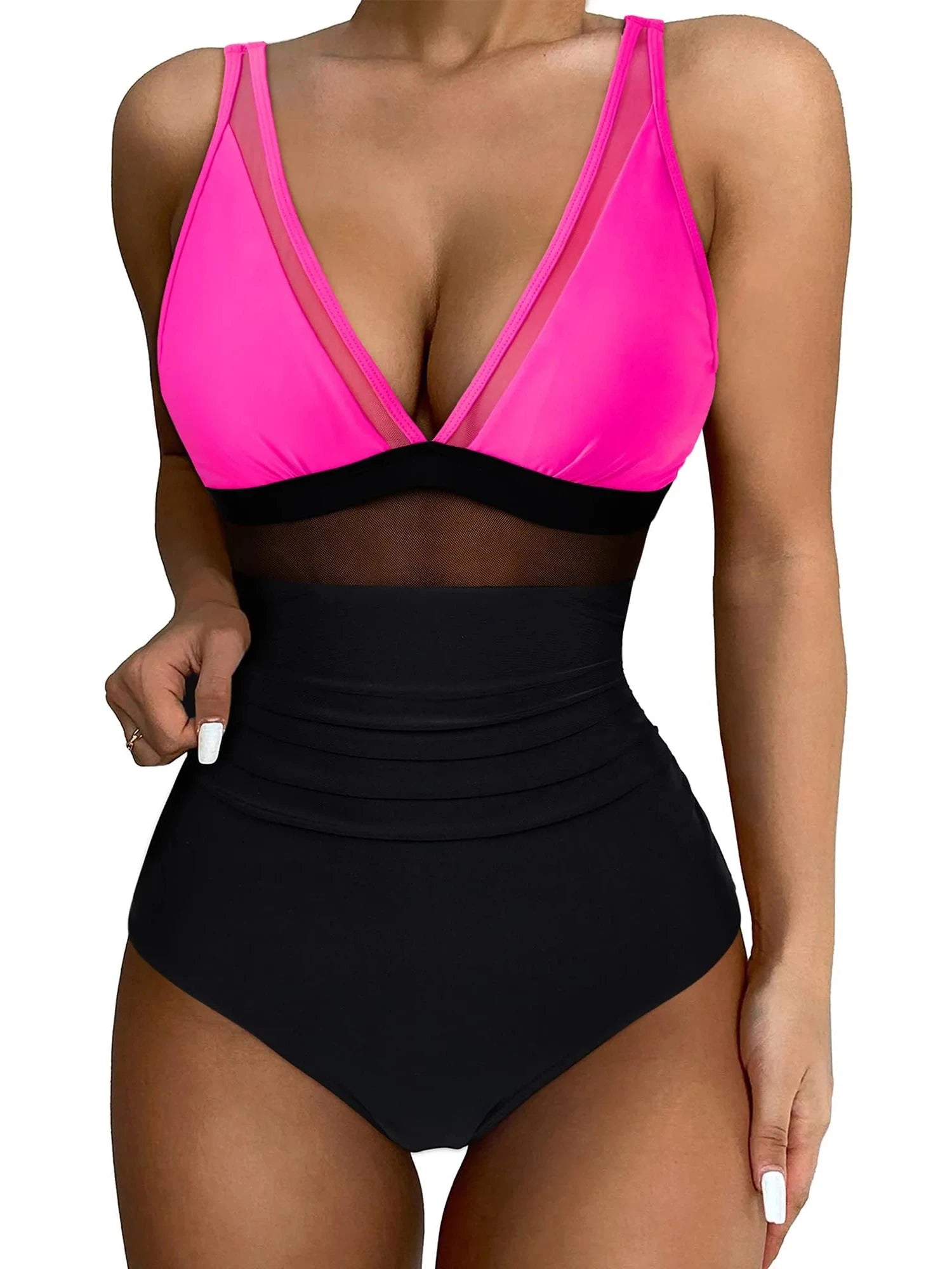 Mesh One Pieces Bathing Suit-Swimwear-SUUKSESS-Hot Pink Black-S-SUUKSESS