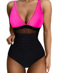 Mesh One Pieces Bathing Suit-Swimwear-SUUKSESS-Hot Pink Black-S-SUUKSESS