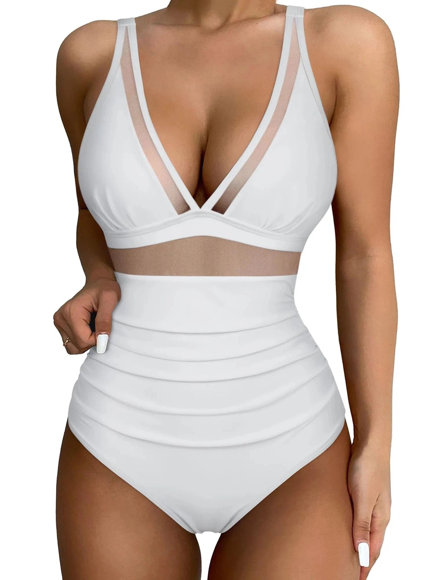 Mesh One Pieces Bathing Suit-Swimwear-SUUKSESS-White-S-SUUKSESS