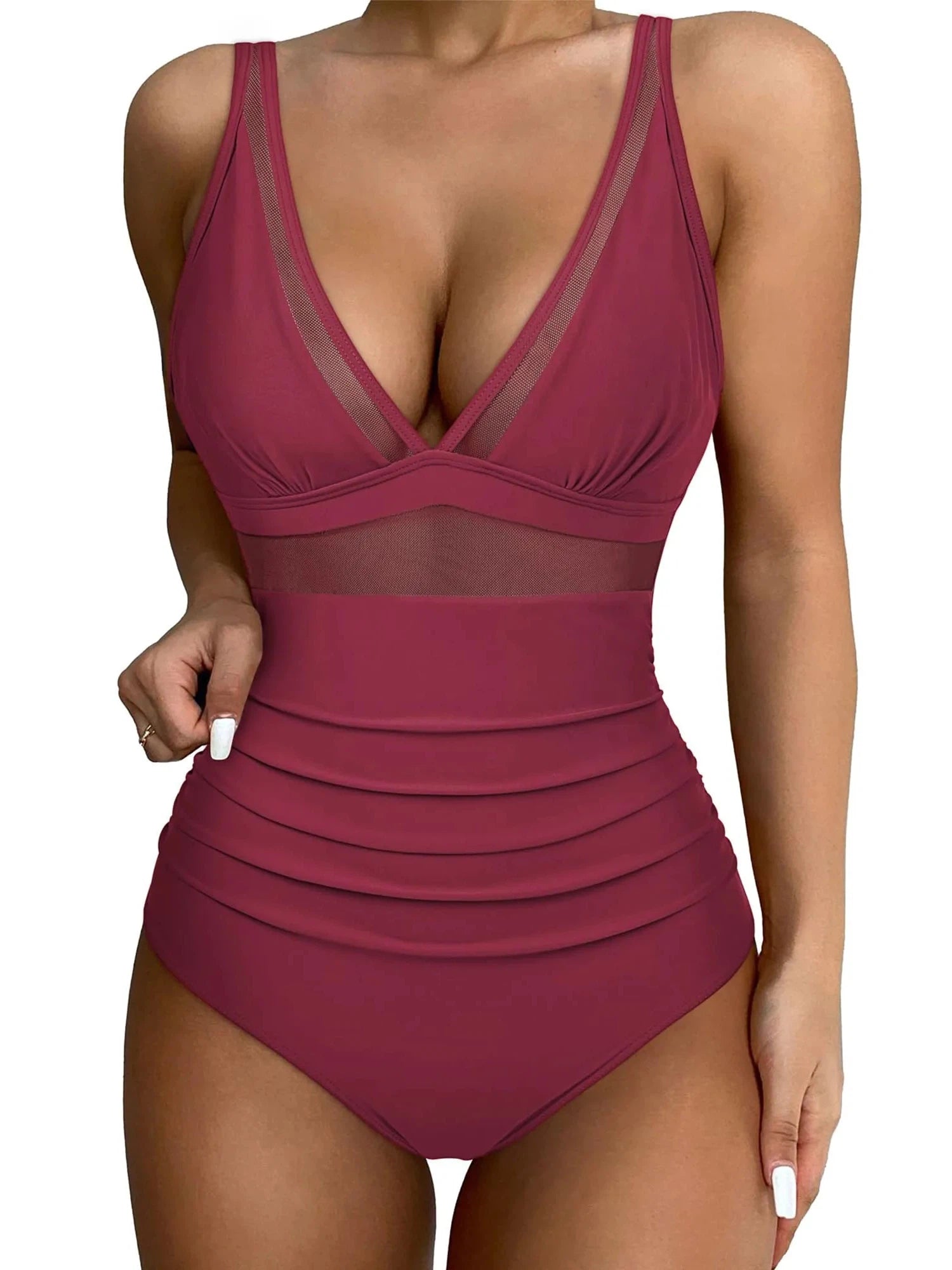 Mesh One Pieces Bathing Suit-Swimwear-SUUKSESS-Wine Red-S-SUUKSESS