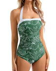 Halter Retro One Piece Bathing Suit-Swimwear-SUUKSESS-Green White Floral-S-SUUKSESS