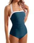 Halter Retro One Piece Bathing Suit-Swimwear-SUUKSESS-Peacock Blue White-S-SUUKSESS