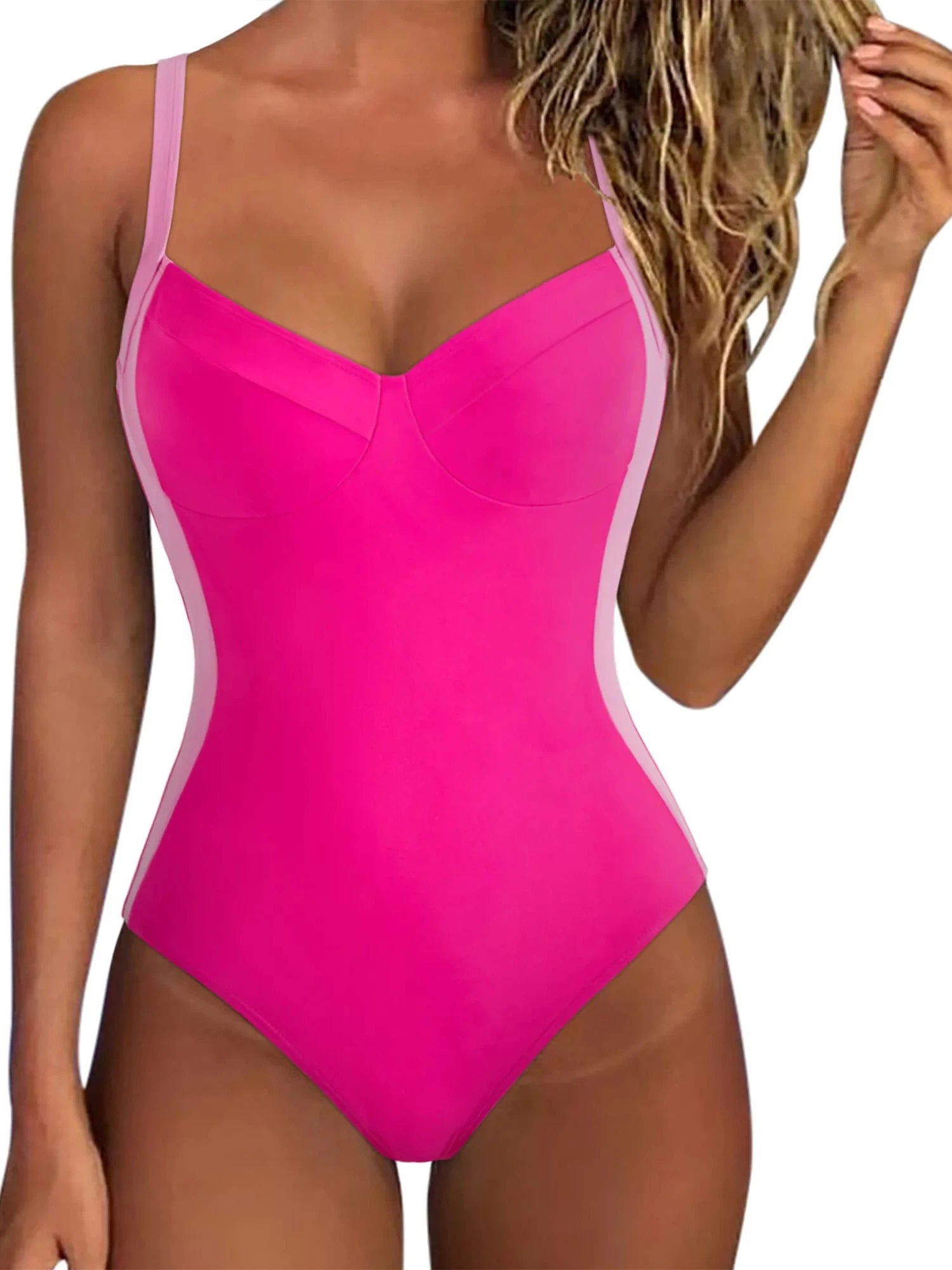 SUUKSESS Women Tummy Control One Piece Swimsuit Sexy Crisscross Back Bathing Suit-Swimwear-SUUKSESS-Pink Color Block-S-SUUKSESS