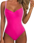 SUUKSESS Women Tummy Control One Piece Swimsuit Sexy Crisscross Back Bathing Suit-Swimwear-SUUKSESS-Pink Color Block-S-SUUKSESS