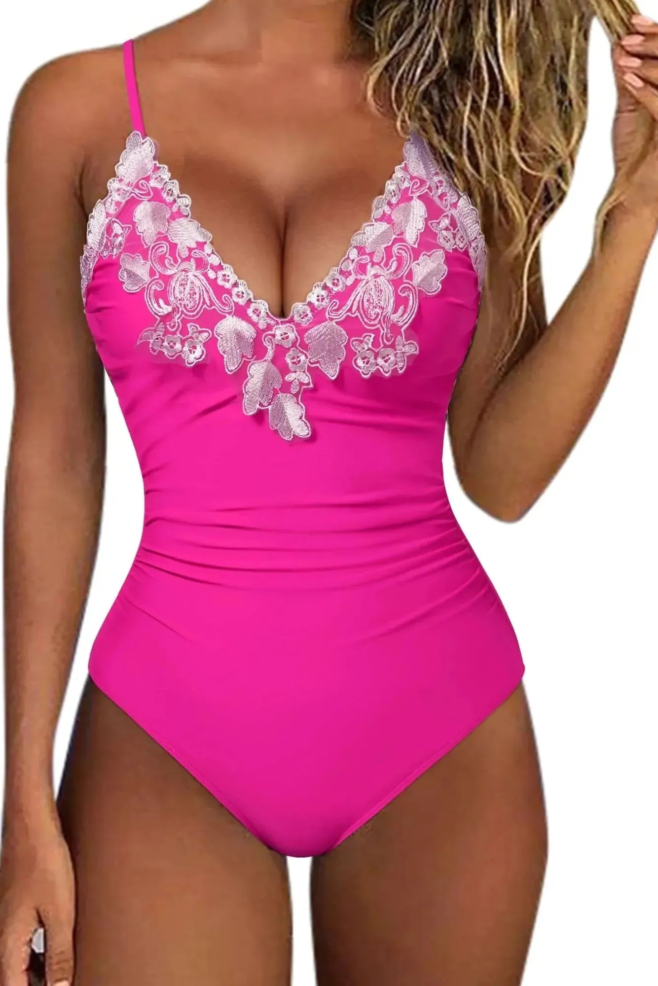 SUUKSESS Women Lace One Piece Swimsuit Tummy Control V Neck Bathing Suit-SUUKSESS-Hot Pink-S-SUUKSESS