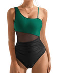 SUUKSESS Women Mesh One Shoulder One Piece Swimsuit Tummy Control Bathing Suit-SUUKSESS-Green Black-S-SUUKSESS